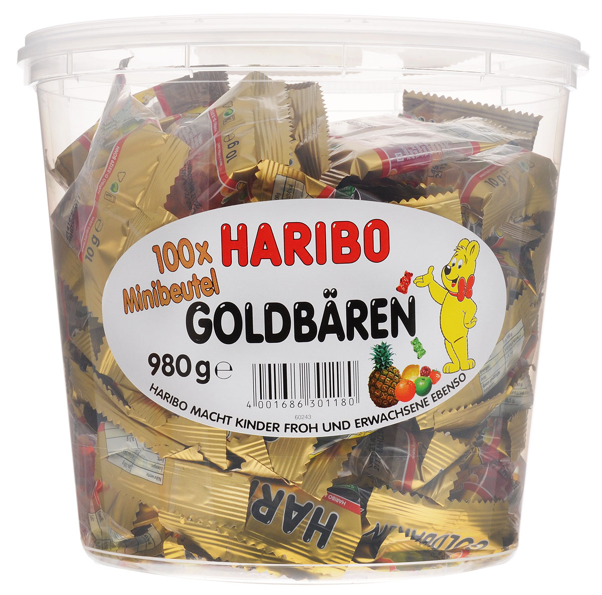 Haribo Золотые мишки-мини мармелад жевательный, 980 г30121D Haribo Золотые мишки-мини мармелад жевательный, 980 г30121DHaribo Золотые мишки-мини – это тот же хорошо знакомый мармелад, только в компактном формате. Много маленьких пакетиков по 9,8 г – это отличное решение для вечеринки или детского праздника, где можно каждого угостить этим мармеладом в индивидуальной упаковке!