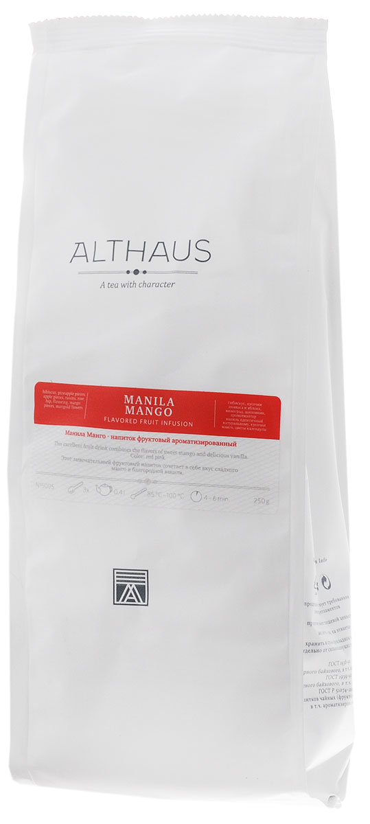 Althaus Manila Mango фруктовый листовой чай, 250 гTALTHF-L00046 Althaus Manila Mango фруктовый листовой чай, 250 гTALTHF-L00046Манила Манго — прекрасный фруктовый напиток с кусочками филиппинского манго и ананаса, наполненный ароматами лета и сладостью благородной ванили. Манило Манго — это знойный южный чай с экспрессивным характером и интересной многогранной палитрой ароматов. Во Время заваривания его яркий приторно-цветочный запах смягчается свежестью тропических фруктов и бархатистыми оттенками спелого шиповника. В букете яблочный аромат с нотами спелого инжира гармонично дополняется воздушными цветочными нюансами, а во вкусе переплетаются легкая сливовая кислинка и освежающая сладость солнечного манго и засахаренного ананаса. Кусочки медового яблока, шиповник, душистая черная смородина и гибискус делают этот напиток не только вкусным, но и полезным для здоровья, способным прекрасно утолить жажду в жаркий летний день. Манила Манго можно пить и в холодном виде со льдом. Температура воды: 85-100 °С Время заваривания: 4-6 мин Цвет в чашке: красно-розовый