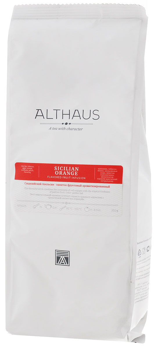 Althaus Sicilian Orange фруктовый листовой чай, 250 гTALTHF-L00050 Althaus Sicilian Orange фруктовый листовой чай, 250 гTALTHF-L00050Сицилийский Апельсин — замечательный фруктовый напиток со сладким вкусом сочного красного апельсина. В его богатом летнем букете ароматов чувствуются нотки свежего шиповника и душистого яблока. Дополнительный колорит напитку придают гибискус и лепестки подсолнечника. Многогранный букет чая раскрывается мгновенно, в нем яркая сладость апельсиновой мякоти дополняется оттенками светлого цветочного меда, пряного миндаля и спелых груш. Гармоничный вкус с доминирующими фруктовыми тонами, цветочными нюансами и приятной кислинкой оживляется травянистой свежестью экзотической маракуйи. Сицилийский Апельсин превосходно подходит для утреннего чаепития. Яркое сочетание апельсиновой цедры и гибискуса оказывает приятное тонизирующее воздействие. Этот напиток можно употреблять и в холодном виде со льдом. Температура воды: 85-100 °С Время заваривания: 4-6 мин Цвет в чашке: красно-золотой