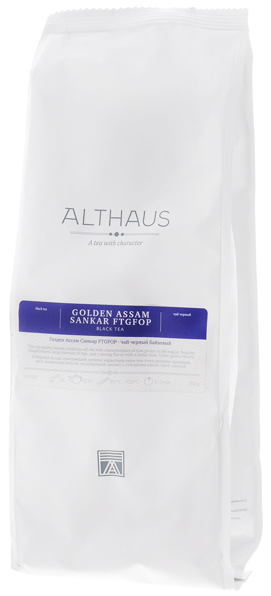 Althaus Golden Assam Sankar FTGFOP черный листовой чай, 250 гTALTHL-L00073 Althaus Golden Assam Sankar FTGFOP черный листовой чай, 250 гTALTHL-L00073Голден Ассам Санкар FTGFOP — классический индийский черный чай высшего качества. В штате Ассам чай выращивается на плодородных почвах под ажурной тенью серебристого дуба и акаций. Он насыщается силой природы, а потом раскрывает ее заново в неповторимом, полном и выразительном букете. FTGFOP (Finest Tippy Golden Flowery Orange Pekoe) — прекрасный крупнолистовой чай высшего качества с большим количеством типсов. Он состоит из красивых чайных листьев правильной формы и золотистых почек. Сухие чаинки обладают приятным запахом с фруктово-сладкой нотой. Голден Ассам Санкар отличается богатым вкусом и сильным ароматом с легкими оттенками хмеля. Мягкий вначале, он перерастает в глубокую насыщенную крепость с долгой волной яркого послевкусия. Чашка свежезаваренного чая Голден Ассам Санкар — прекрасное начало дня. Этот чай можно пить как с сахаром и сливками, так и без каких-либо добавок — в любом случае он сохранит свой характерный вкус и необычный насыщенный...