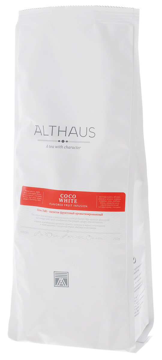 Althaus Coco White фруктовый листовой чай, 250 гTALTHG-L00080 Althaus Coco White фруктовый листовой чай, 250 гTALTHG-L00080Экзотический фруктовый чай Althaus Coco White с тропическим коктейльным ароматом и легкой пикантной остротой восточных пряностей. Яркие фрукты – манго, яблоко, ананас – в сочетании со спелым кокосом дают напиток со сладким, кремово-шлейфовым букетом. В нежно-желтом напитке также раскрываются кислинка, воздушная ореховая нотка и пряный обертон.