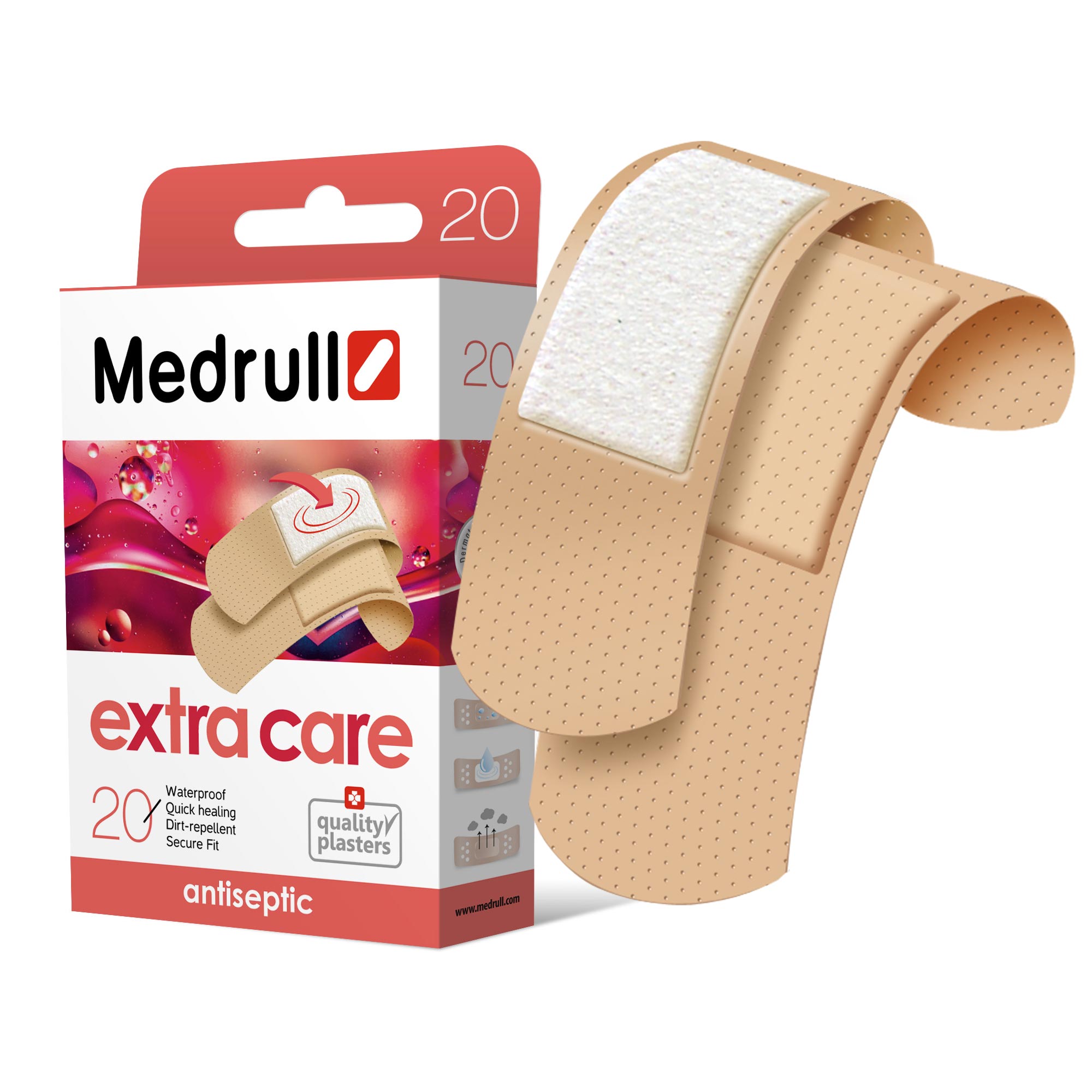 Medrull Набор пластырей Extra Care, №204742225003300 Medrull Набор пластырей Extra Care, №204742225003300Благодаря особенностям абсорбирующей подушечки, обработанной антисептическим веществом, эти пластыри помогут защитить рану от размножения бактерий и микроорганизмов. Рекомендовано использовать только после дезинфекции раны. Пластыри изготовлены из тонкого, перфорированного, полимерного материала.Свойства пластыря: водонепроницаемые, грязенепроницаемые, гипоаллергенные, эластичные, дышащие, плотно прилегающие. Абсорбирующая подушечка изготовлена из вискозы и обладает высокой впитываемостью. Верхняя часть подушечки обработана полипропиленом, что защищает от вероятности прилипания пластыря к поврежденной поверхности кожи. Пропитана антисептическим веществом - Cetyl pyridinium chloride 0.15%.