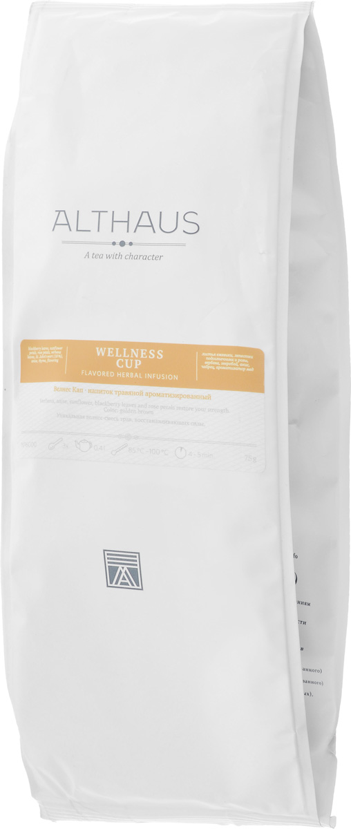 Althaus Wellness Cup травяной листовой чай, 75 гTALTHG-L00063 Althaus Wellness Cup травяной листовой чай, 75 гTALTHG-L00063Althaus Wellness Cup — уникальная смесь натуральных трав, дающая настой со сладким медово-цветочным ароматом и травянистой ноткой. В ее состав входят листья ежевики, которые не только придают напитку приятную, чуть терпкую сладость, но и насыщают его полезными веществами. Настои из листьев ежевики издавна использовались в народной медицине. Анис, богатый эфирными маслами, благодаря своему характерному пряному запаху оживляет композицию прохладной пикантностью и свежестью оттенков. Звучание летней композиции завершают теплые бальзамические ноты медового зверобоя и хрустальная чистота лимонно-фруктовой вербены. Естественную красоту полевых трав подчеркивает соблазнительная блюзовая нота пурпурных лепестков розы и тонкий аромат золотистого подсолнечника. Althaus Wellness Cup - это замечательная композиция трав прекрасно утолит жажду после занятий фитнесом, восстановит силы и сделает вечер особенно приятным. Температура воды: 85-100...