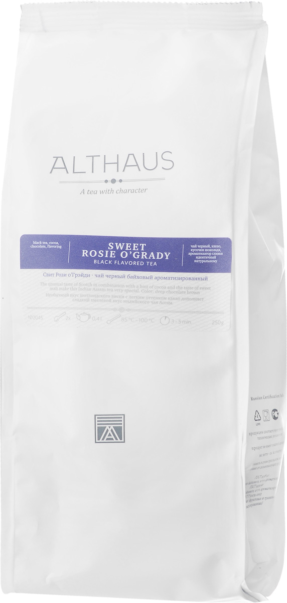 Althaus Sweet Rosie OGrady черный листовой чай, 250 гTALTHL-L00097 Althaus Sweet Rosie OGrady черный листовой чай, 250 гTALTHL-L00097Althaus Sweet Rosie OGrady — это замечательное сочетание сладкого хмелевого вкуса индийского чая Ассам, горького шоколада и шотландского виски с легким оттенком какао. Вкус шоколада неизмеримо глубже и многограннее вкуса многих других добавок. А в сочетании с чаем он приобретает и ярко выраженные ароматические свойства. Хрустящие кусочки шоколада насыщают напиток цветом, раскрывают в нем сладкий воздушно-сливочный аромат с кофейной нотой. Виски придает чайному букету сложность и густоту: пряность классического чая дополняется новыми оттенками вкуса — обволакивающей сладостью молочной карамели и деликатной кислинкой. Этот необычный чай приятно согревает в холодное время года и превосходно сочетается с десертами. Оптимальная температура заваривания: 95°С Температура воды: 85-100 °С Время заваривания: 3-5 мин Цвет в чашке: шоколадно-коричневый
