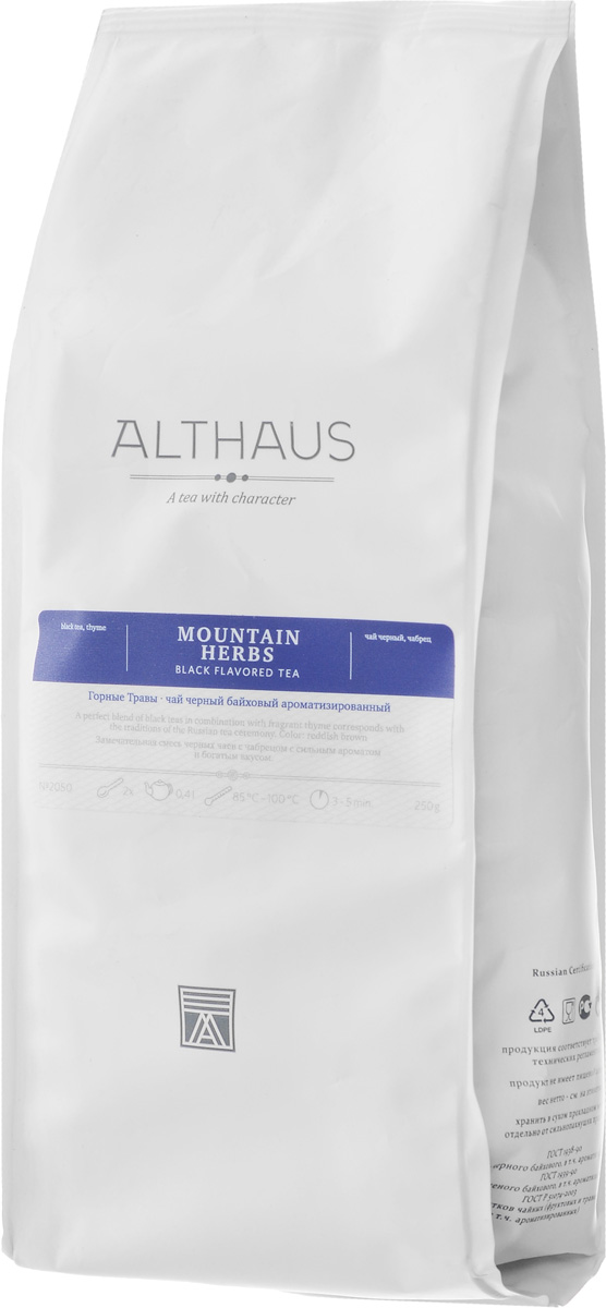 Althaus Mountain Herbs черный листовой чай, 250 гTALTHL-L00098 Althaus Mountain Herbs черный листовой чай, 250 гTALTHL-L00098Althaus Mountain Herbs — это необыкновенная смесь отборных сортов черного чая с душистым горным чабрецом. Данный вид чая выдержан в лучших традициях истинно русского чаепития. Настой чабреца или богородской травы, как его называли на Руси, веками считался целебным. В этом купаже изящные черные чаинки украшены россыпью миниатюрных фисташково-зеленых листочков. В напитке чувствуется приятный выдержанный запах мокрого дерева и утреннего осеннего леса после дождя. Древесный аромат сопровождается легким вяжущим послевкусием и пряно-маслянистой нотой чабреца. Чай также прекрасно сочетается с блюдами кавказской кухни. Оптимальная температура заваривания: 95°С Температура воды: 85-100 °С Время заваривания: 3-5 мин Цвет в чашке: коричневый с красным