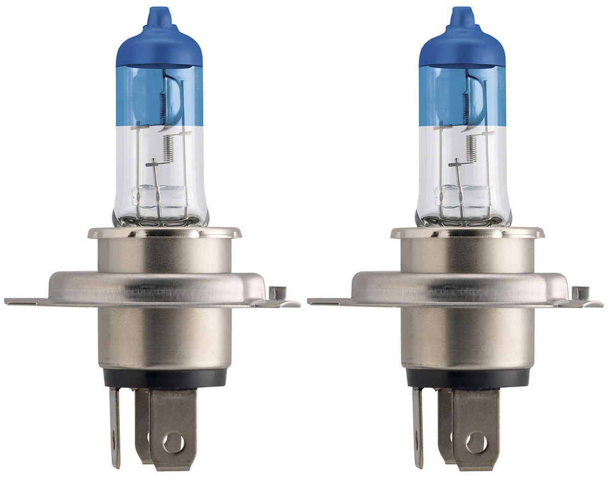 Лампа автомобильная галогенная Philips ColorVision Blue, для фар, цоколь H4 (P43t), 12V, 60/55W, 2 шт12342CVPBS2 Лампа автомобильная галогенная Philips ColorVision Blue, для фар, цоколь H4 (P43t), 12V, 60/55W, 2 шт12342CVPBS2Галогенная лампа для автомобильных фар Philips ColorVision произведена из запатентованного кварцевого стекла с УФ фильтром Philips Quartz Glass. Кварцевое стекло Philips в отличие от обычного твердого стекла выдерживает гораздо большее давление смеси газов внутри колбы, что препятствует быстрому испарению вольфрама с нити накаливания. Кварцевое стекло выдерживает большой перепад температур, при попадании влаги на работающую лампу изделие не взрывается и продолжает работать. Лампа ColorVision придает автомобильной фаре голубой оттенок, при этом она излучает яркий белый свет. Лампа отражает свет, направляя его через оптические элементы, и создает интересные цветные эффекты. Такие лампы обеспечивают на 60% больше света и увеличивают видимость до 25 метров (по сравнению с обычными лампами). Эти инновационные цветные автомобильные лампы сертифицированы для использования на дорогах. Они соответствуют европейским стандартам и обеспечивают прекрасное освещение, излучая...