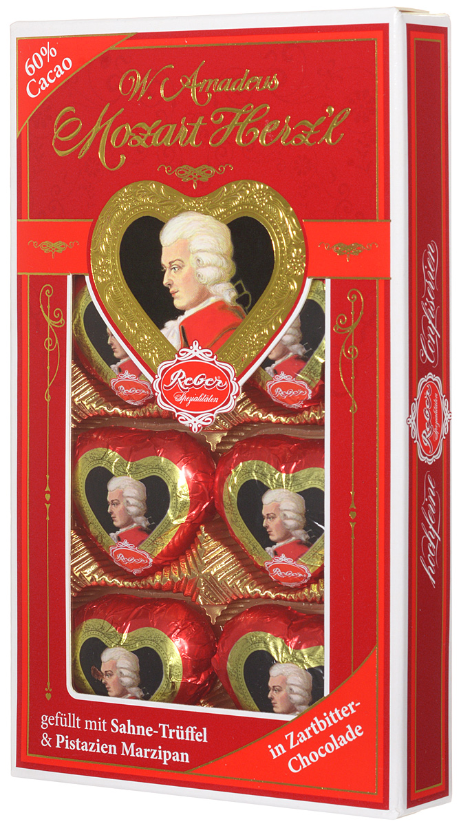 Reber Mozart Herz‘l шоколадные конфеты, 80 г1410119 Reber Mozart Herz‘l шоколадные конфеты, 80 г1410119Mozart Herz‘l – великолепные конфеты, выполненные в форме сердечка. Состоят из зеленых фисташковых орехов расположенных в нежном сливочном трюфеле, а сверху покрыты отличным горьким шоколадом.