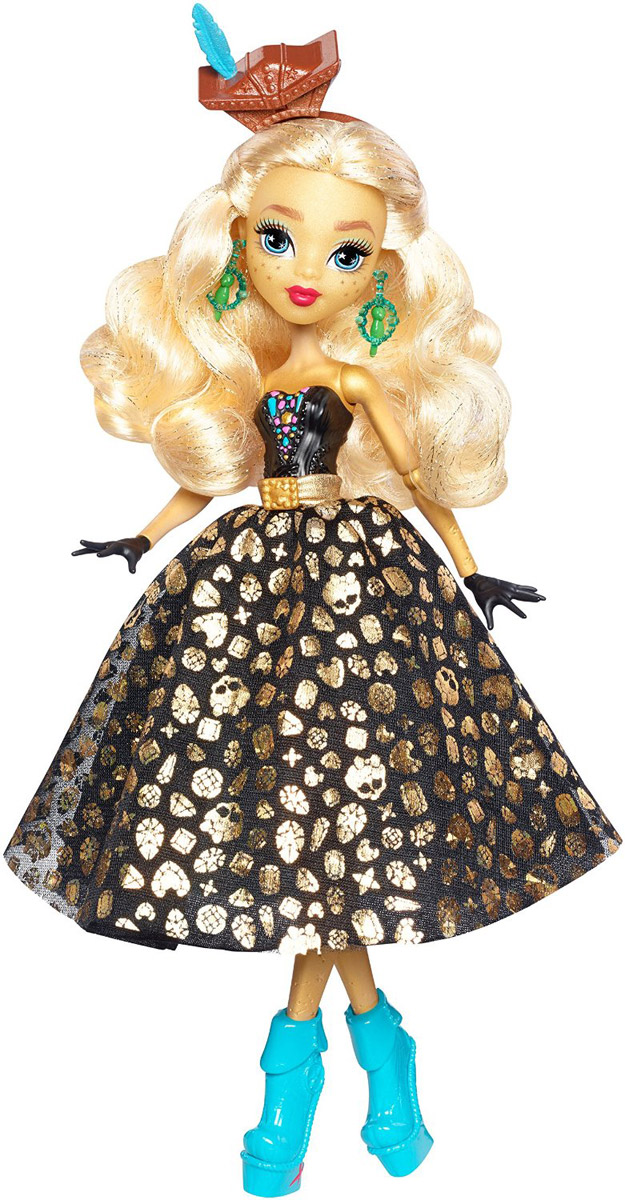 Monster High Кукла Дана Трежура ДжонсDTV93 Monster High Кукла Дана Трежура ДжонсDTV93В новой серии Пиратская авантюра герои Monster High отправляются в опасное плавание вместе с новой подругой Dana Treasura Jones, дочерью пирата Дэйви Джонса. У шикарного платья куклы множество скрытых деталей. Потяните за юбку, и синяя шелковистая юбка с узором в виде карты пиратских сокровищ станет черной с золотистым принтом. Потяните за каблуки ее синих пиратских ботинок, и вы увидите золотые монеты. Длинные светлые волосы куклы можно расчесывать. В набор входит кукла в модном наряде с аксессуарами, включая юбку-трансформер, ободок и ботинки. Руки и ноги у куклы шарнирные, это позволяет придать разнообразные позы. Порадуйте поклонницу Монстер Хай удивительной новинкой в пиратском стиле, подарив ей эту замечательную куколку.