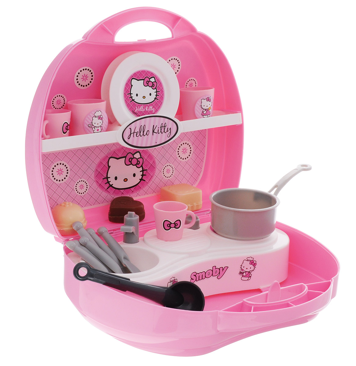 Smoby Игровой набор Hello Kitty Мини-кухня24782 Smoby Игровой набор Hello Kitty Мини-кухня24782Игровой набор Smoby Hello Kitty. Мини-кухня - великолепный подарок для вашей девочки. Набор представляет собой переносной вариант игрушечной кухни, который можно взять с собой и в гости, и на дачу. Мини-кухня оборудована плитой на одну конфорку, раковиной с краном, сушилкой для посуды, полочками для продуктов и посуды, а также набор посуды (2 тарелки, 2 чашки, 2 стакана, 2 вилки, 2 ножа, 2 ложки, ковшик, половник) и продукты. Все элементы набора выполнены из прочного материала. Детали упакованы в удобный пластиковый чемоданчик с ручкой с изображением Hello Kitty. С помощью этого набора ваш ребенок сможет научиться правильно обращаться с кухонными принадлежностями. Порадуйте его таким замечательным подарком!