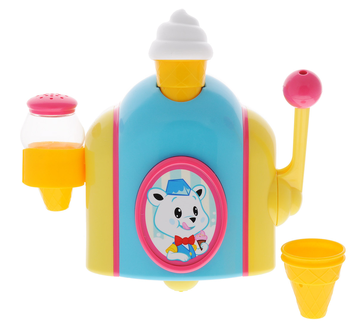 Tomy Игрушка для ванной Фабрика пеныE72378 Tomy Игрушка для ванной Фабрика пеныE72378Игрушка для ванной Tomy Фабрика пены поможет в игровой увлекательной форме приучить вашего малыша к водным процедурам! В комплект входят: автомат для мороженого, 3 стаканчика, шейкер-солонка. Чтобы начать игру, малышу нужно налить пену для ванны или гель для душа в стаканчик, расположенный наверху автомата для мороженого. Затем нужно подставить стаканчик под отверстие внизу волшебного автомата и опустить рычажок вниз-формочка наполнится пушистой белой пеной, так похожей на шапку мороженого. Малыш сможет украсить свой десерт, наполнив шейкер пеной для ванны и посыпав ею лакомство. С фабрикой пены малыш может запустить производство мороженого!