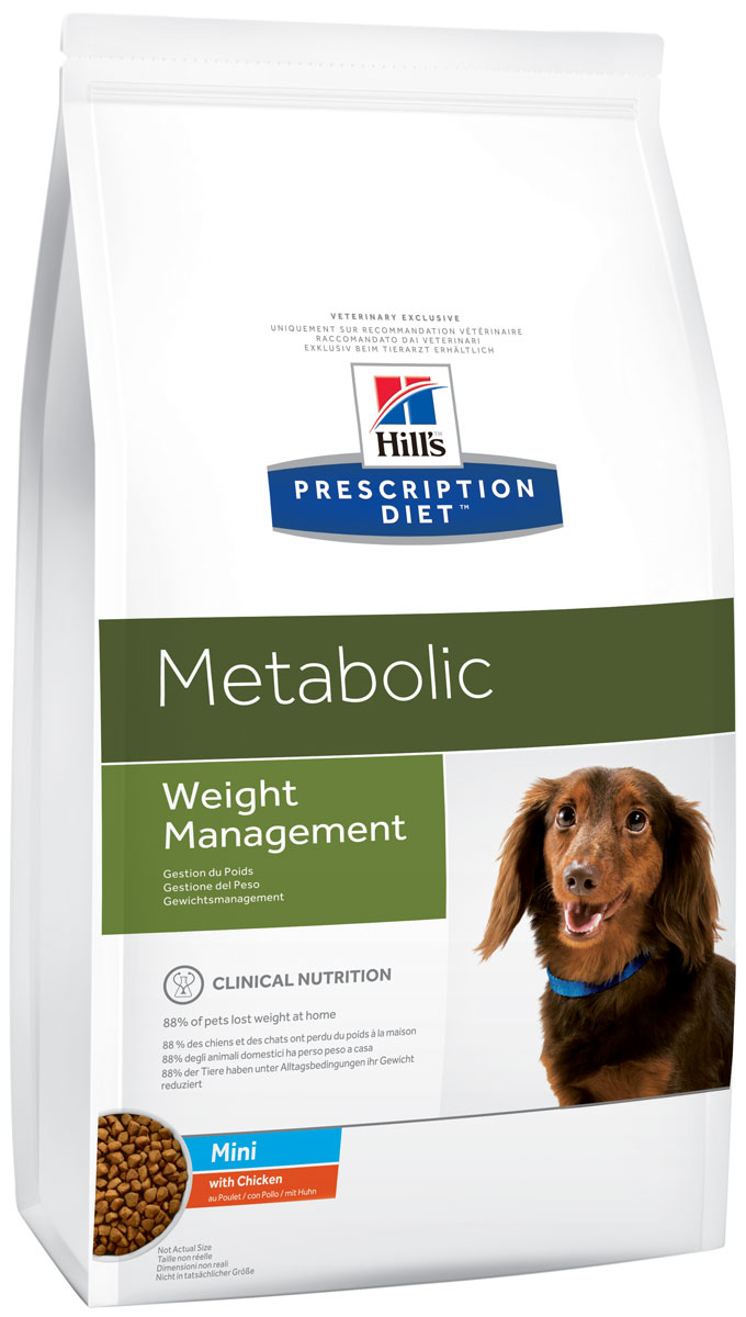 Корм сухой диетический Hills Metabolic для собак мелких пород, для коррекции веса, с курицей, 1,5 кг. 33533353 Корм сухой диетический Hills Metabolic для собак мелких пород, для коррекции веса, с курицей, 1,5 кг. 33533353Сухой диетический корм Hills Metabolic - полноценный диетический рацион для собак мелких пород, предназначенный для снижения избыточной массы тела и поддержания оптимального веса. Данный рацион обладает пониженной энергетической ценностью. Рацион для снижения и поддержания веса позволяет избежать повторного набора веса после прохождения программы по снижению веса. - Клинически доказанное снижение жировой массы на 28%. - Отличный вкус понравится вашему питомцу. Состав: злаки, производные растительного происхождения, мясо и производные животного происхождения, экстракты растительного белка, овощи, масла и жиры, семена, фрукты, минералы. Анализ: белок 26%, жир 11,3%, клетчатка 13,3%, зола 5,7%, кальций 0,84%, фосфор 0,62%, натрий 0,33%, калий 0,74%, магний 0,12%; на кг: витамин Е 657 мг, витамин С 122 мг, бета-каротин 2 мг. Добавки на кг: Е672 (витамин А) 27360 МЕ, Е671 (витамин D3) 1610 МЕ, Е1...