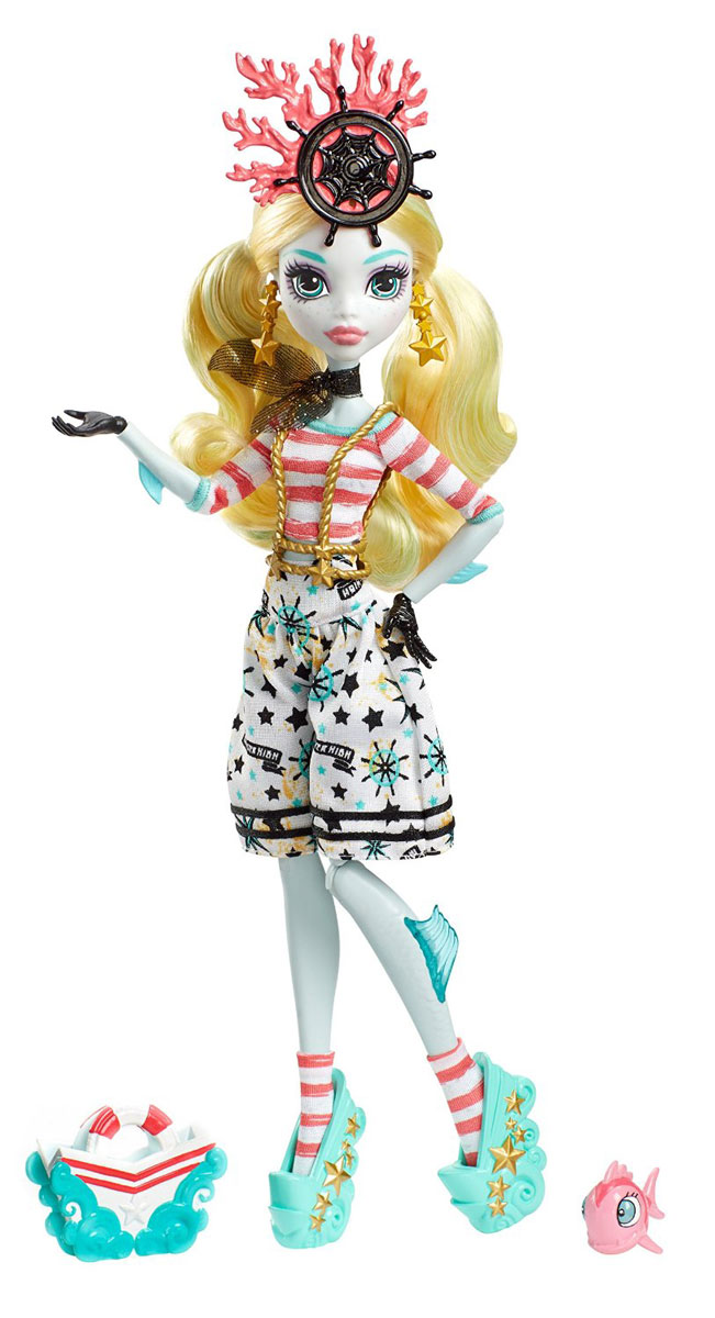 Monster High Кукла Пиратская авантюра Лагуна БлюDTV88_DTV91 Monster High Кукла Пиратская авантюра Лагуна БлюDTV88_DTV91Лагуна Блю - дочь Морского монстра. Девочка с бледно-зеленоватой кожей и длинными волосами одета в стильные шорты с ярким принтом и полосатую футболку. На ногах - изящные босоножки на высокой платформе. Завершают яркий образ зловещей модницы серьги в форме морских звезд и оригинальный ободок. Шикарные длинные волосы куклы можно расчесывать. К кукле прилагается сумка для морских находок и очаровательная рыбка. Вашей малышке понравится воссоздавать сцены или разыгрывать с куклой сюжеты собственных историй. Руки, ноги и колени у куклы шарнирные, это позволяет придать разнообразные позы. Порадуйте поклонницу Монстер Хай удивительной новинкой в пиратском стиле, подарив ей эту замечательную куколку.