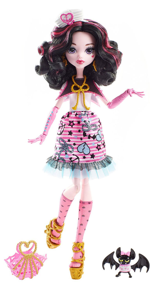 Monster High Кукла Пиратская авантюра ДракулаураDTV88_DTV90 Monster High Кукла Пиратская авантюра ДракулаураDTV88_DTV90В новой серии Пиратская авантюра герои Monster High отправляются в опасное плавание. Кукла Monster High Дракулаура - дочь Дракулы, одета в черно-розовое платье с сердечками и якорями. На ногах куклы - розовые гольфы с черными сердечками и золотистые босоножки. Завершают стильный образ зловещей модницы сережки и ожерелье с морской тематикой. Шикарные длинные волосы куклы можно расчесывать. К кукле прилагается сумка для морских находок. Вашей малышке понравится воссоздавать сцены или разыгрывать с куклой сюжеты собственных историй. Руки, ноги и колени у куклы шарнирные, это позволяет придать разнообразные позы. Порадуйте поклонницу Монстер Хай удивительной новинкой в мире Школы Монстров, подарив ей эту замечательную куколку.