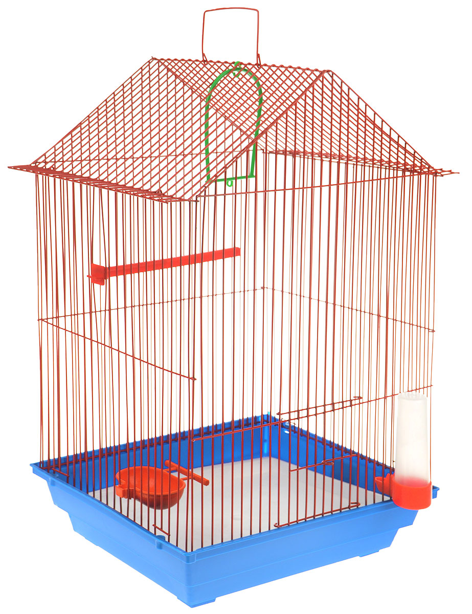 Клетка для птиц ЗооМарк, цвет: синий поддон, красная решетка, 34 x 28 х 54 см430_синий, красный Клетка для птиц ЗооМарк, цвет: синий поддон, красная решетка, 34 x 28 х 54 см430_синий, красныйКлетка ЗооМарк, выполненная из полипропилена и металла с эмалированным покрытием, предназначена для мелких птиц. Изделие состоит из большого поддона и решетки. Клетка снабжена металлической дверцей. В основании клетки находится малый поддон. Клетка удобна в использовании и легко чистится. Она оснащена жердочкой, кольцом для птицы, поилкой, кормушкой и подвижной ручкой для удобной переноски. Комплектация: - клетка с поддоном, - малый поддон; - поилка; - кормушка; - кольцо.