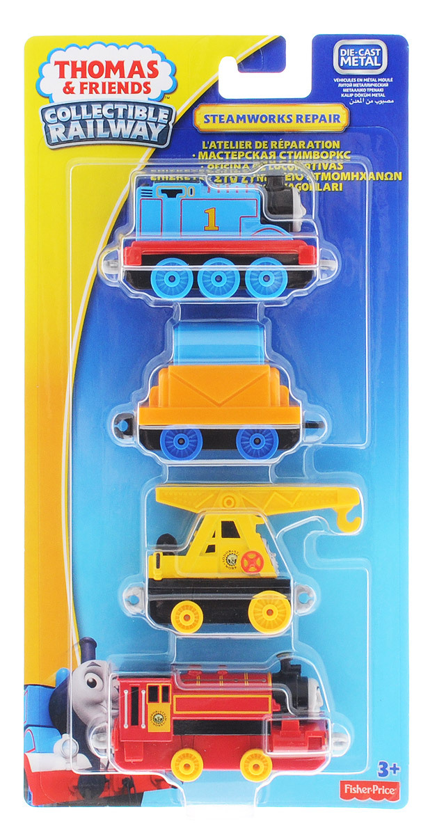 Thomas & Friends Набор паровозиков Мастерская Стимворкс 4 штDGB79_DGB82 Thomas & Friends Набор паровозиков Мастерская Стимворкс 4 штDGB79_DGB82В набор паровозиков Thomas & Friends Мастерская Стимворкс входят металлические паровозики Томас и Виктор, а также товарный вагон и вагон-кран Кевин. Сцепка паровозов не магнитная и, хотя колея рельсов примерно совпадает с портативной серией, соединяются между собой рельсы теперь иначе. Рельсы в комплект не входят.