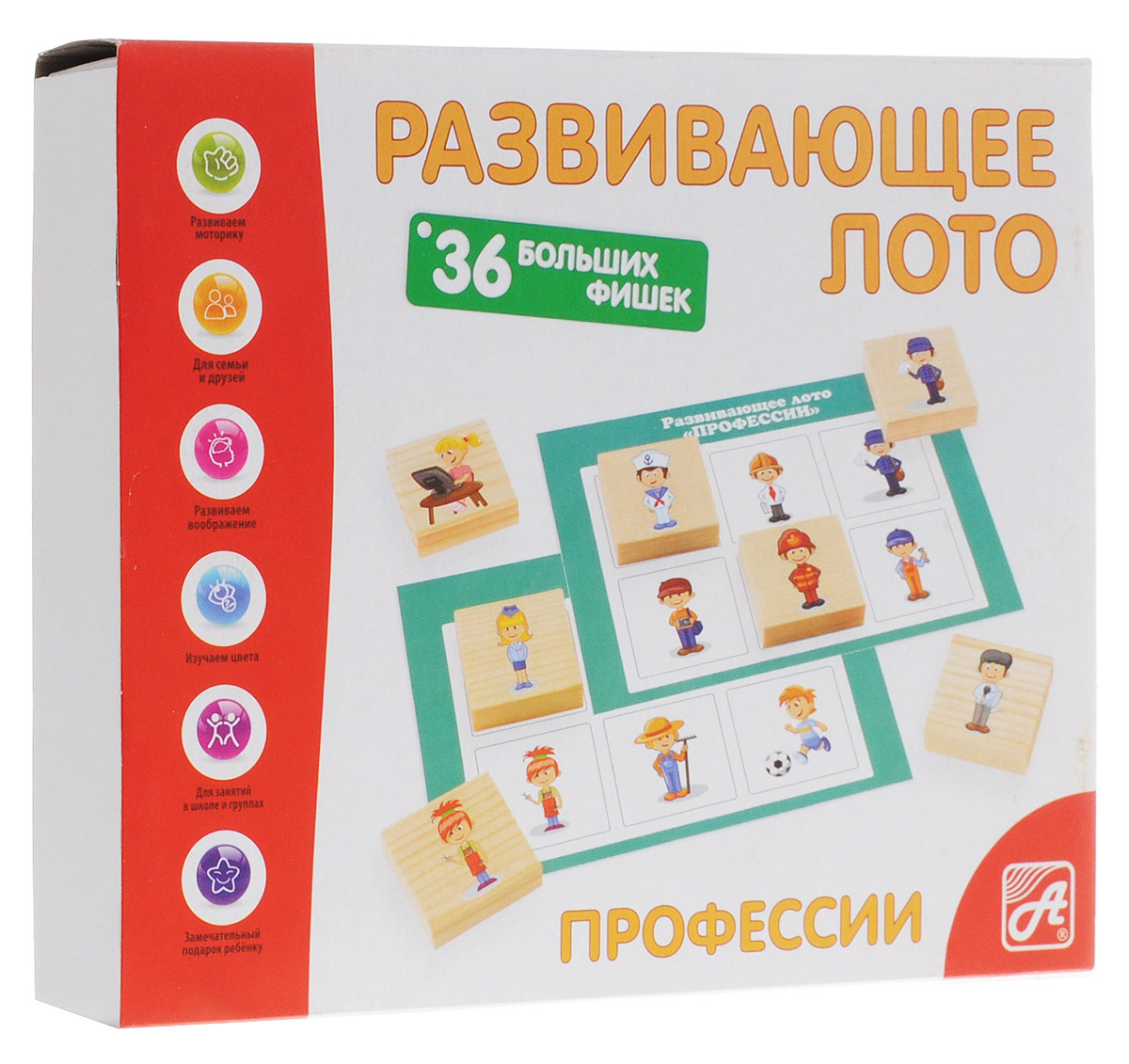 Развивающие деревянные игрушки Лото ПрофессииД467а Развивающие деревянные игрушки Лото ПрофессииД467аРазвивающее лото Профессии, непременно, пригодится вам, если вы хотите, чтобы обучение и развитие ребенка были гармоничными, сочетающими в себе интеллектуальное, познавательное, речевое, тактильное и сенсорное развитие малыша. Лото производится из экологически чистого материала - натурального дерева. Фишки большого размера (3,5 см х 3,5 см) прекрасно подойдут даже для самых маленьких игроков. Малышу удобно держать такие фишки. Рисунки на ней - интересные и красочные. Цель игры состоит в том, чтобы уточнить и расширить знания детей об окружающем мире и профессиях. С этой игрой можно проводить время не только дома, но и эффективно использовать для занятий в детском саду. Играя, ребёнок развивает целый спектр навыков: моторику, логику, воображение, изучает окружающий мир.