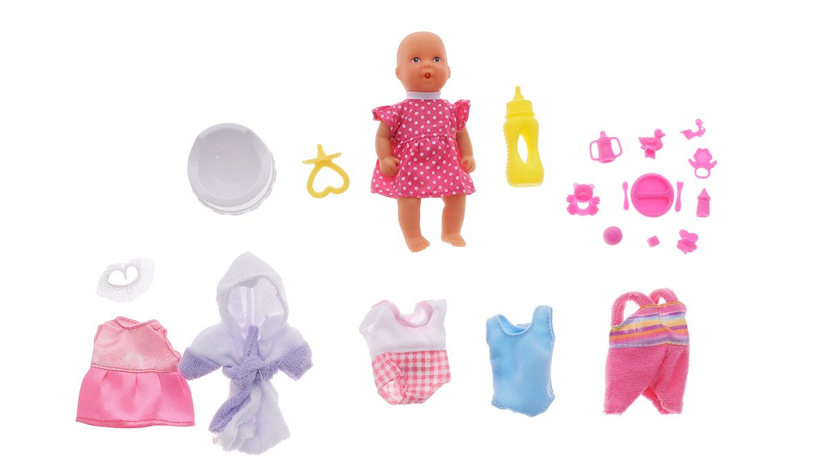 Simba Пупс Mini New Born Baby цвет бутылочки желтый5033387 Simba Пупс Mini New Born Baby цвет бутылочки желтый5033387Пупс Simba Mini New Born Baby непременно приведет в восторг вашу дочурку. Кукла выполнена из высококачественного пластика. В набор входят: пупс, бутылочка, горшок, посуда, погремушки, поильник, соска и многое другое. Малыш пьет и писает, совсем как настоящий ребенок! Просто напоите его из входящей в набор бутылочки, и через некоторое время пупс пописает. Руки, ноги и голова куклы подвижны, что позволяет придавать ей разнообразные позы. Игры с куклой способствуют эмоциональному развитию, помогают формировать воображение и художественный вкус, а также разовьют в вашей малышке чувство ответственности и заботы. Великолепное качество исполнения делают этот набор чудесным подарком к любому празднику.