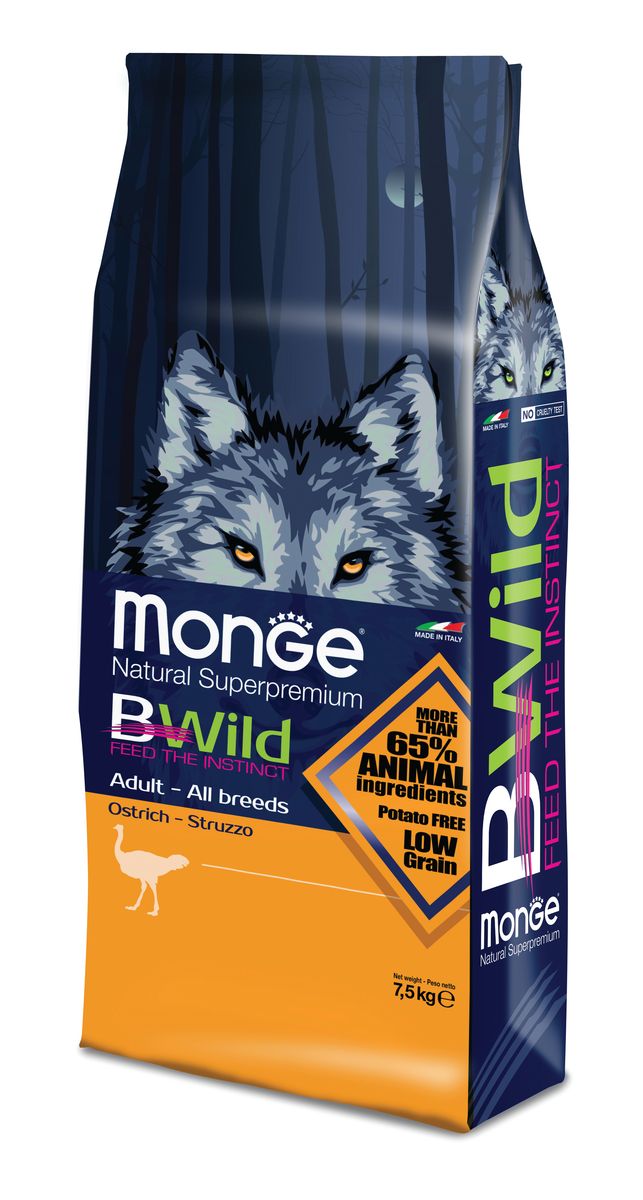 Корм сухой для взрослых собак Monge Bwild Dog Ostrich, с мясом страуса, 7,5 кг70011839 Корм сухой для взрослых собак Monge Bwild Dog Ostrich, с мясом страуса, 7,5 кг70011839MONGE DOG BWILD — СТРАУС СБАЛАНСИРОВАННЫЙ ПОЛНОРАЦИОННЫЙ КОРМ ДЛЯ ВЗРОСЛЫХ СОБАК ВСЕХ ПОРОД. Анализ компонентов: Сырой белок 30,00 %, сырые масла и белки 19,00 %, сырая клетчатка 2,50 %, сырая зола 7,00 %, кальций 1,00 %, фосфор 0,90 %, омега-6 незаменимые жирные кислоты 3,00 %, омега-3 незаменимые жирные кислоты 0,70 %, энергетическая ценность 4 300 ккал/кг. Пищевые добавки в одном кг: Витамин А 28 000 МЕ, витамин D3 1 700 МЕ, витамин Е 570 мг, витамин B1 13 мг, витамин B2 17 мг, витамин В6 8 мг, витамин B12 140 мг, биотин 19 мг, никотиновая кислота 75 мг, витамин C 200 мг, пантотеновая кислота 20 мг, фолиевая кислота 2,60 мг, холина хлорид 3 600 мг, инозитол 3,50 мг, сульфат марганца моногидрат 32 мг, оксид цинка 150 мг, сульфат меди пентагидрат 13 мг, сульфат железа моногидрат 110 мг, селенит натрия 0,20 мг, иодат кальция 1,80 мг, L-карнитин 200 мг, DL-метионин 11 г. Технологические добавки в одном кг: Натуральная смесь из токоферола и экстракта розмарина обыкновенного.Страус (35...