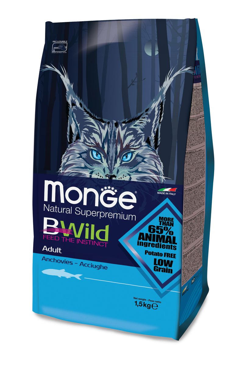 Корм сухой для взрослых кошек Monge Bwild Cat Anchovies, с анчоусами, 1,5 кг70012010 Корм сухой для взрослых кошек Monge Bwild Cat Anchovies, с анчоусами, 1,5 кг70012010Monge Bwild Cat Cat Anchovies корм для взрослых кошек с анчоусам 1,5 кгАнализ компонентов: Сырой белок 34,00 %, сырые масла и белки 17,00 %, сырая клетчатка 2,50 %, сырая зола 7,00 %, кальций 1,00 %, фосфор 0,80 %, омега-6 незаменимые жирные кислоты 8,00 %, омега-3 незаменимые жирные кислоты 0,95 %, энергетическая ценность 4 105 ккал/кг. Пищевые добавки в одном кг: Витамин А 26 000 МЕ, витамин D3 1 200 МЕ, витамин Е 470 мг, витамин B1 13 мг, витамин B2 14 мг, витамин В6 12 мг, витамин B12 8 мг, биотин 0,3 мг, никотиновая кислота 0,75 мг, витамин C 200 мг, пантотеновая кислота 20 мг, фолиевая кислота 2,60 мг, холина хлорид 3 600 мг, инозитол 13 мг, сульфат марганца моногидрат 32 мг, оксид цинка 150 мг, сульфат меди пентагидрат 13 мг, сульфат железа моногидрат 110 мг, селенит натрия 0,20 мг, иодат кальция 1,80 мг, L-карнитин 550 мг, DL-метионин 10 г, таурин 0,26%. Технологические добавки в одном кг: Натуральная смесь из токоферола и экстракта розмарина обыкновенного.Ингредиенты: Анчоусы...
