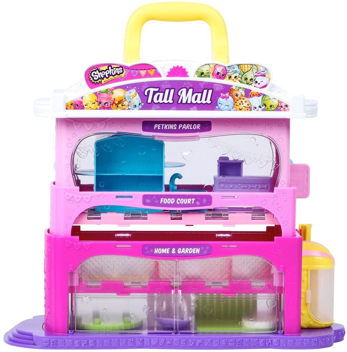 Shopkins Игровой набор Торговый Дом56180 Shopkins Игровой набор Торговый Дом56180Игровой набор Shopkins Торговый Дом принесет массу положительных эмоций любительницам Shopkins. В комплект входят 4 фигурки и здание торгового дома. Яркие и веселые фигурки в виде элементов бытовой химии не смогут остаться без внимания ребенка. На первом этаже здания располагается детский комната с каруселью и заборчиками. Второй этаж предназначен для питания. На третьем этаже - салон красоты. Сбоку здания проходит желтый поднимающийся лифт. Ожившие принадлежности смогут легко и просто разместиться на полочках, столах и другой мебели - ведь весь Торговый Дом остается в их полном распоряжении. Каждая фигурка найдет в этом замечательном шкафу свою полочку. С таким игровым набором ваш ребенок сможет пофантазировать и придумать забавные истории о том, что происходит в магазинах ночью, когда все люди расходятся по домам, а вещи оживают!