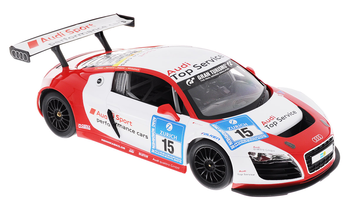 Rastar Радиоуправляемая модель Audi R8 LMS цвет белый красный масштаб 1:1447510 Rastar Радиоуправляемая модель Audi R8 LMS цвет белый красный масштаб 1:1447510Радиоуправляемая модель Rastar Audi R8 LMC станет отличным подарком любому мальчику! Все дети хотят иметь в наборе своих игрушек ослепительные, невероятные и крутые автомобили на радиоуправлении. Тем более, если это автомобиль известной марки с проработкой всех деталей, удивляющий приятным качеством и видом. Одной из таких моделей является автомобиль на радиоуправлении Rastar Audi R8 LMC. Это точная копия настоящего авто в масштабе 1:14. Машина обладает неповторимым провокационным стилем и спортивным характером. Потрясающая маневренность, динамика и покладистость - отличительные качества этой модели. Возможные движения: вперед, назад, вправо, влево, остановка. Пульт управления работает на частоте 27 MHz. Для работы игрушки необходимы 5 батареек напряжением 1,5V типа АА (не входят в комплект). Для работы пульта управления необходима 1 батарейка напряжением 9V типа Крона (не входит в комплект).