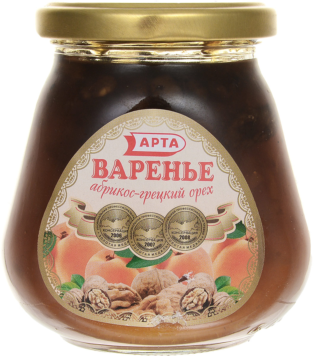 Арта варенье из абрикоса и грецкого ореха, 340 г.0337 Арта варенье из абрикоса и грецкого ореха, 340 г.0337Арта - натуральное варенье из абрикоса и грецкого ореха, которое станет полезным и вкусным лакомством для всей семьи. Абрикосы показаны при желудочных заболеваниях и нарушении обмена веществ. Они мягко, но надолго возбуждают железистый аппарат желудка и нормализуют кислотность желудочного сока, что приводит в норму деятельность поджелудочной железы, а в силу этого улучшается работа печени и желчного пузыря. Абрикосы применяют при воспалении почек, они выводят из организма различные шлаки. Грецкие орехи являются продуктом питания и высокоактивным лекарственным средством. По калорийности они в 2 раза превышают пшеничный хлеб высшего сорта. Их рекомендуют для профилактики и лечения атеросклероза, при недостатке витаминов, солей кобальта и железа в организме. В орехах много клетчатки и масла, которые способны усиливать деятельность кишечника.
