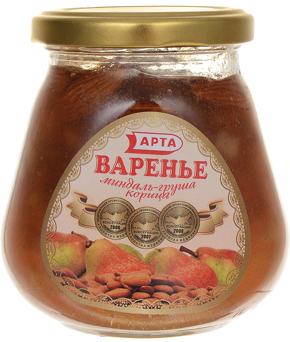 Арта варенье из груши, корицы и миндаля, 340 г.0320 Арта варенье из груши, корицы и миндаля, 340 г.0320Арта - натуральное варенье из груши, которое станет вкусным витаминным лакомством для вас и ваших детей. Груша очень полезна для сердца вообще и при нарушениях сердечного ритма в частности. Неоценима польза этого плода и для системы пищеварения. Спелые сочные и сладкие груши способствуют перевариванию пищи, обладают закрепляющими свойствами и поэтому полезны при расстройствах кишечника. Груши оказывают бодрящее, освежающее и веселящее действие, улучшают настроение. В медицине корицу используют в качестве антисептического средства, антимикробного и антипаразитарного, а также при борьбе с грибковыми заболеваниями, и для улучшения работы желудочно-кишечного тракта. Благодаря содержанию диетических волокон, корица снижает вероятность возникновения онкологии в толстом кишечнике. Миндаль также с древних пор используется в лекарственных целях.