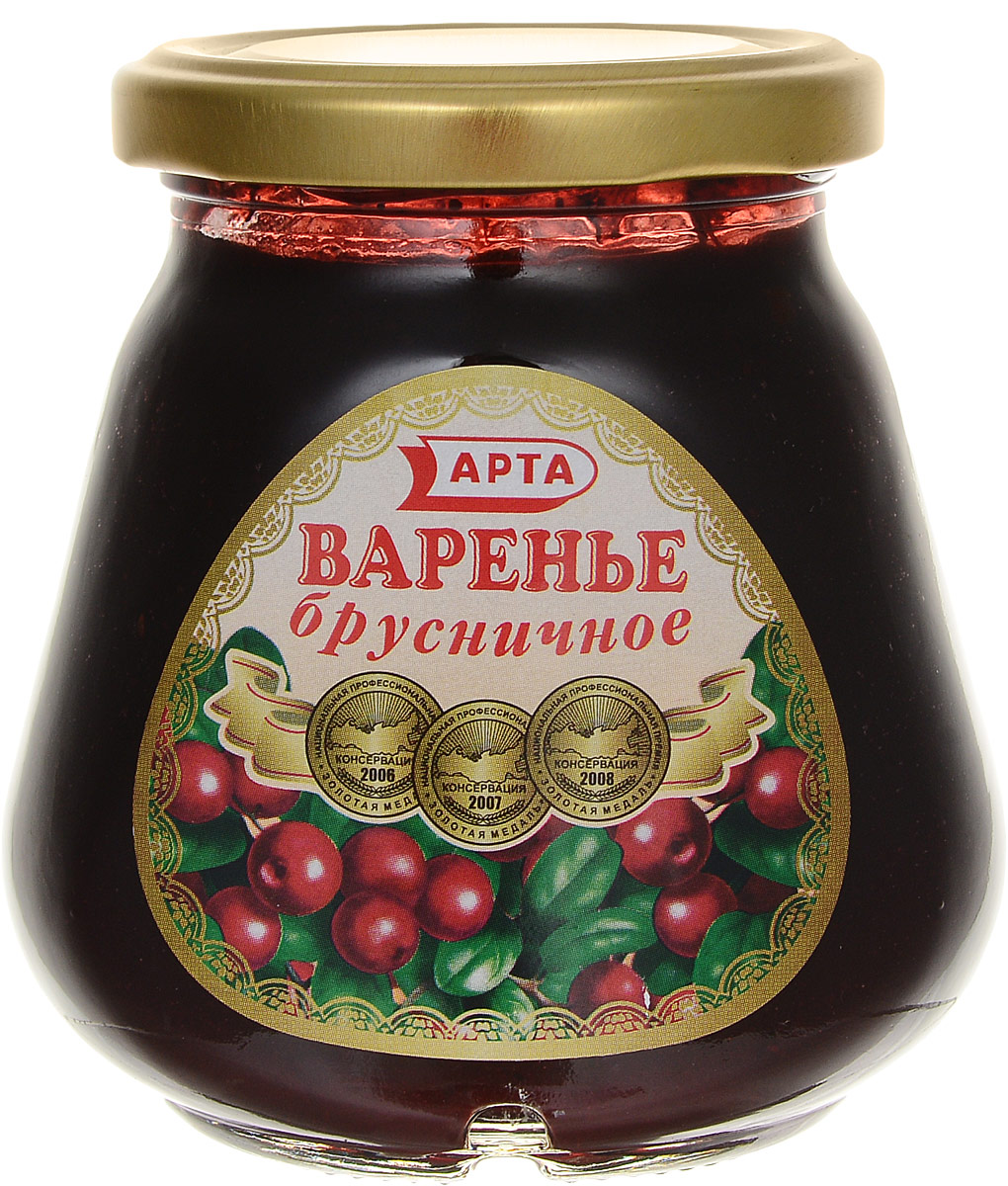 Арта варенье брусничное, 340 г.0733 Арта варенье брусничное, 340 г.0733Арта натуральное брусничное варенье, полезное и вкусное лакомство для всей семьи! В листьях брусники содержатся дубильные соединения, благодаря которым препараты на основе листьев брусники оказывают противовоспалительное и бактерицидное действие на организм. Катехины, содержащиеся в бруснике, укрепляют капилляры и уменьшают их ломкость. Листья растения обладают вяжущим и антисептическим свойствами. Они применяют при лечении подагры, гастрита, печени и т. д. Свежие плоды растения полезно принимать при гипертонии или как средство для улучшения зрения. В листьях брусники содержатся аскорбиновая кислота, каротин, соли калия и марганца и органические кислоты, такие как уксусная, яблочная и лимонная.
