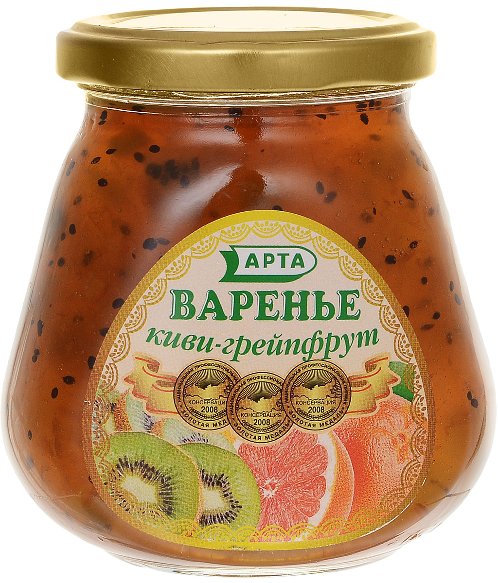 Арта варенье из киви и грейпфрута, 340 г.0163 Арта варенье из киви и грейпфрута, 340 г.0163Арта - натуральное варенье из киви и грейпфрута, вкусное и полезное лакомство для вас и ваших детей! Благодаря значительному количеству витамина С киви – этот фрукт отличное средство для профилактики простудных заболеваний, предупреждения развития инфекций и укрепления иммунной системы. Регулярное употребление киви выводит холестерин, абсорбирует железо и нейтрализует негативное действие нитратов. Он также снижает риск возникновения сердечно-сосудистых и онкологических заболеваний, улучшает пищеварение и влияет на процесс обмена веществ, в частности нормализует белковый обмен, в организме человека. Считается, что аромат и полезные свойства грейпфрута положительно влияют на человека, помогают держать его в тонусе и нормализуют многие процессы организма. Например, он является верным средством при переутомлении и депрессии.