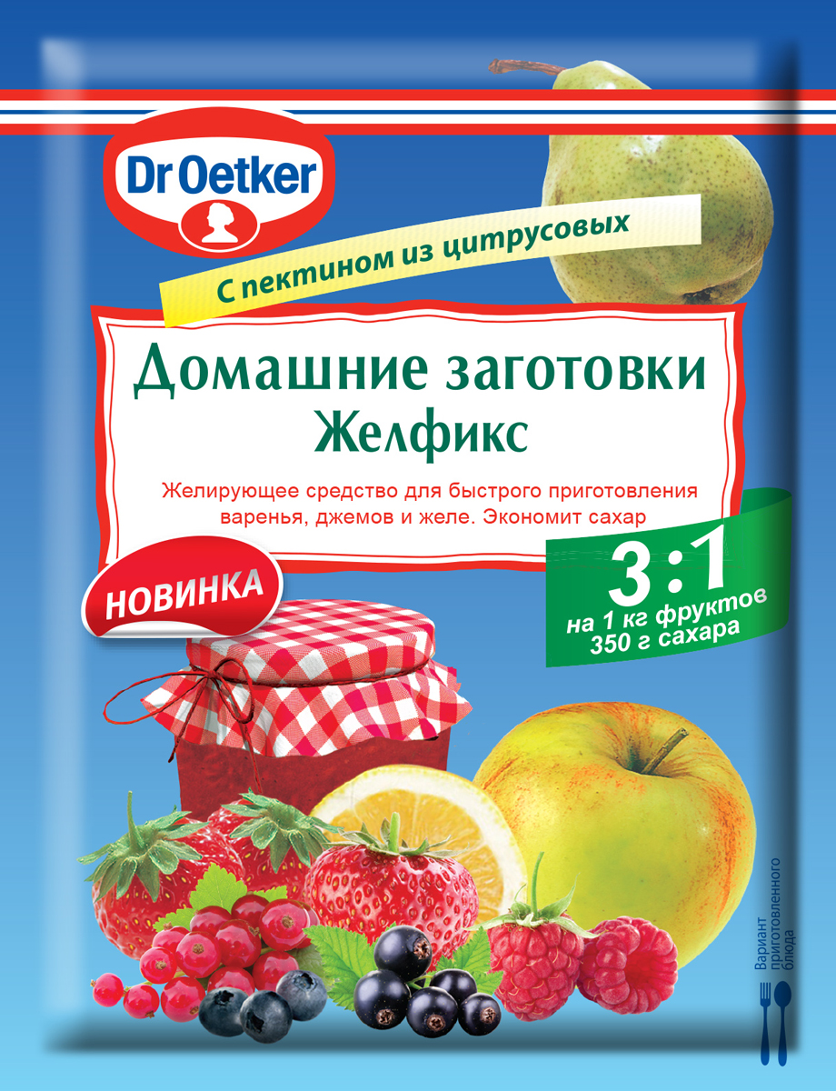 Dr.Oetker Желфикс 3:1 для консервирования, 25 г1-84-008000 Dr.Oetker Желфикс 3:1 для консервирования, 25 г1-84-008000Желирующее средство для быстрого приготовления варенья, джемов и желе. Экономит сахар