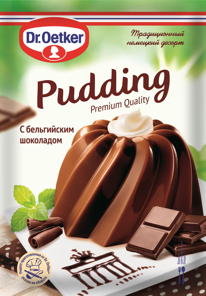 Dr.Oetker Пудинг с бельгийским шоколадом, 54 г1-84-004008 Dr.Oetker Пудинг с бельгийским шоколадом, 54 г1-84-004008Пудинг - это вкусное и удивительно легкое в приготовлении лакомство, которое очень популярно в Европе. Побалуйте себя, своих близких и гостей нежным десертом с бельгийским шоколадом по традиционному немецкому рецепту от Dr. Oetker! Способ приготовления: 1. Содержимое 1 упаковки смешать с 50 г (3 - 4 ст. л. по вкусу) сахара. Затем, добавить 60 мл молока (4 ст. л.), взятые из общего объема 500 мл и все хорошо смешать до однородной консистенции. 2. Молоко довести до кипения, снять с огня и при постоянном помешивании добавить приготовленную ранее смесь. 3. Пудинговую смесь еще раз довести до кипения и постоянно помешивая варить до загущения около 1 минуты. 4. Горячий пудинг разлить в формочки, предварительно ополоснув их холодной водой, и дать остыть. Затем поставить в холодильник до полного застывания. 5. Перед подачей на стол готовый пудинг аккуратно перевернуть из формы на сервировочную тарелку.