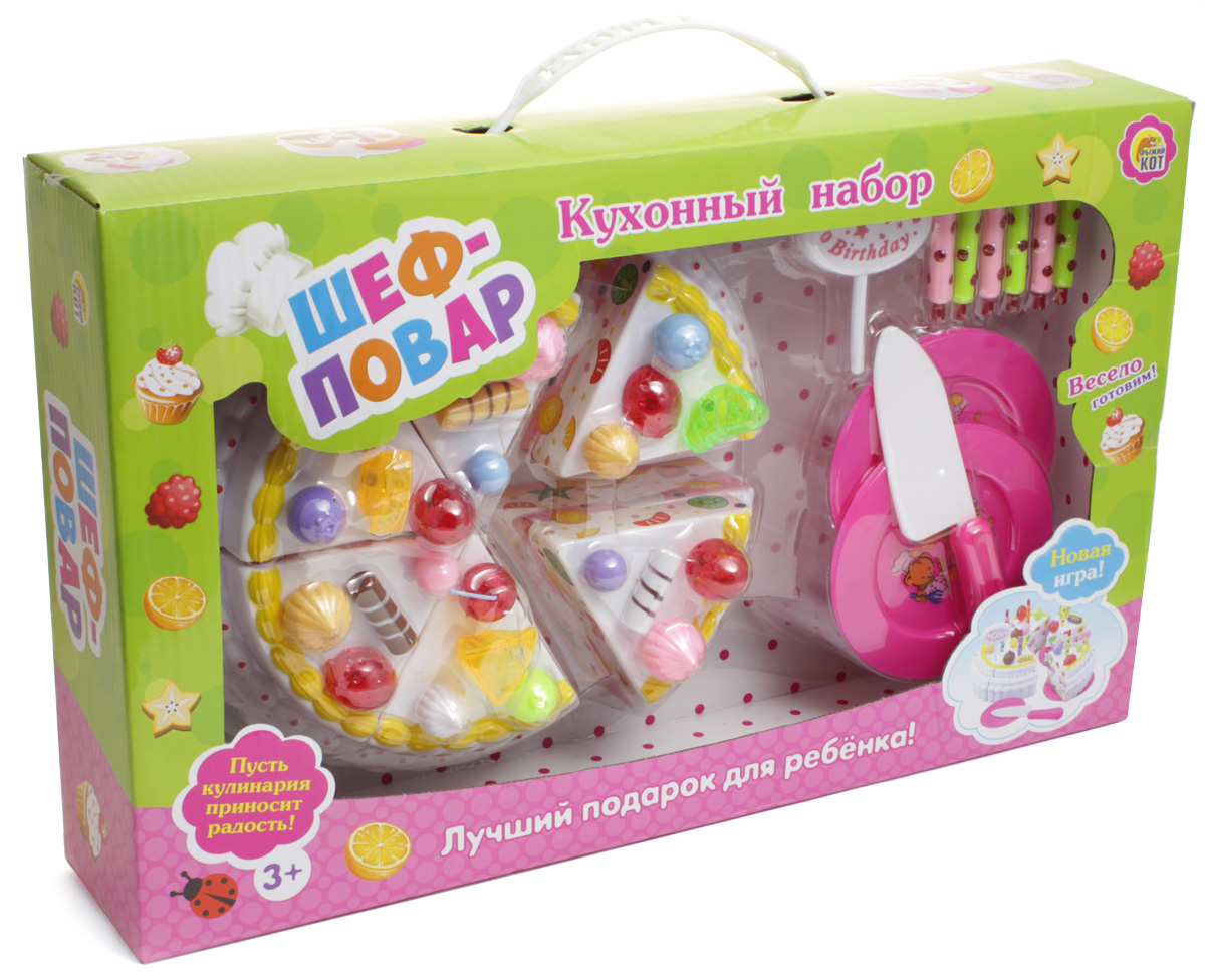 Рыжий Кот Игрушечный кухонный набор Шеф-повар-2КН-0669 Рыжий Кот Игрушечный кухонный набор Шеф-повар-2КН-0669Кухонные наборы из высококачественного пластика – это замечательный подарок для любой девочки! Юная мамина помощница с удовольствием будет играть великолепными кухонными изделиями и приборами, так похожими на настоящие. В состав некоторых наборов в зависимости от артикула могут входить и изделия из текстиля - прихватки, фартук, поварская шапочка. Кухонные игровые наборы прекрасно тренируют воображение ребёнка. Состав набора: торт (6 кусков), 2 тарелки, нож, 6 свечей, 1 флажок-украшение для торта
