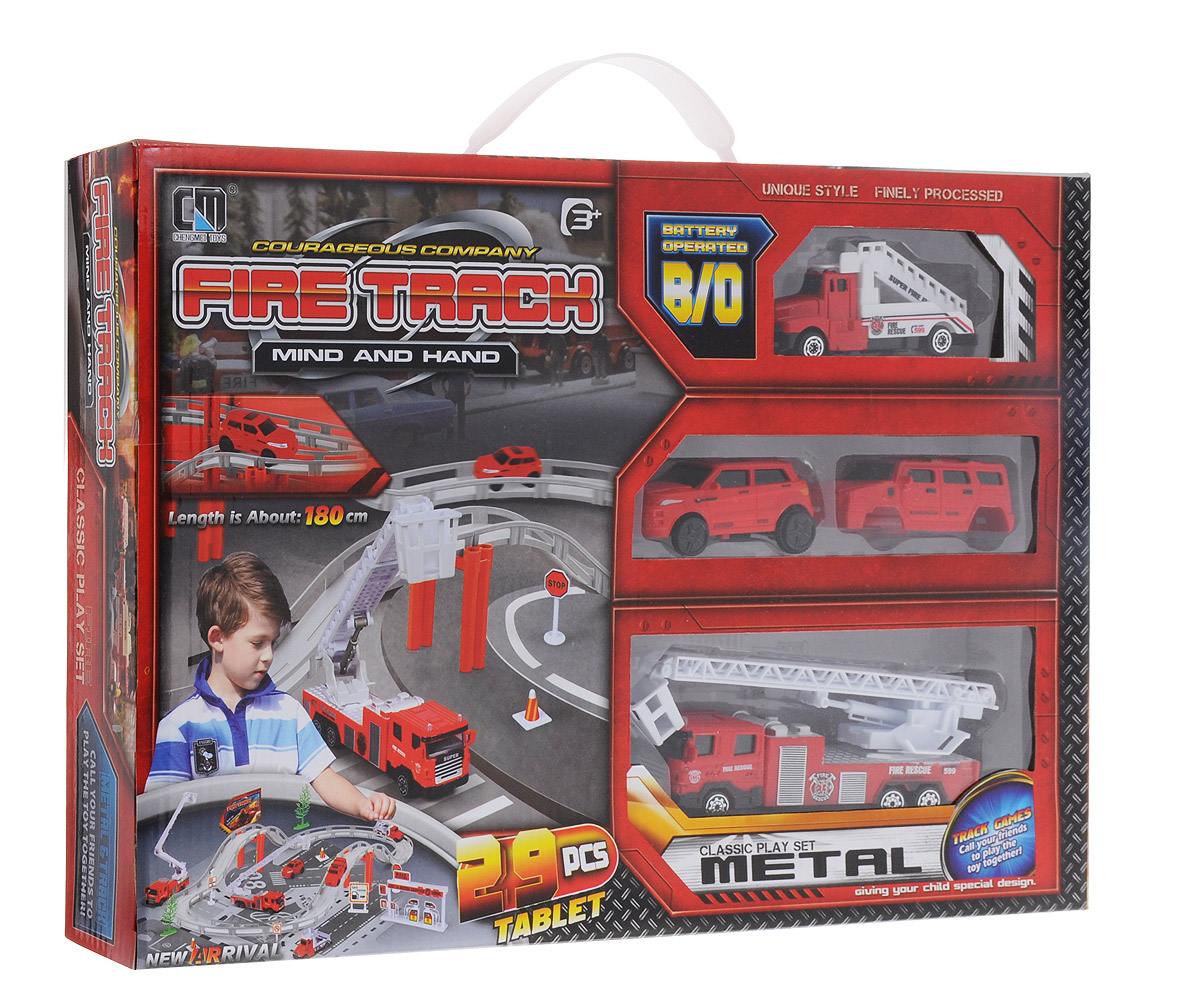 Junfa Toys Игрушечный трек Пожарная станцияCM557-12 Junfa Toys Игрушечный трек Пожарная станцияCM557-12Игрушечный трек Junfa Toys Пожарная станция выполнен в форме овала и имеет два подъема и спуска. В комплект входят четыре машинки, одна из которых работает на батарейках. Два пожарных автомобиля красного цвета будут быстро скользить по треку, а машина с выдвижной лестницей спасет людей из горящего здания! В комплект также входят аксессуары: дорожные знаки деревья и другие, они создадут особый антураж во время игры. Необходимо купить батарейку напряжением 1,5V типа АА (не входит в комплект).