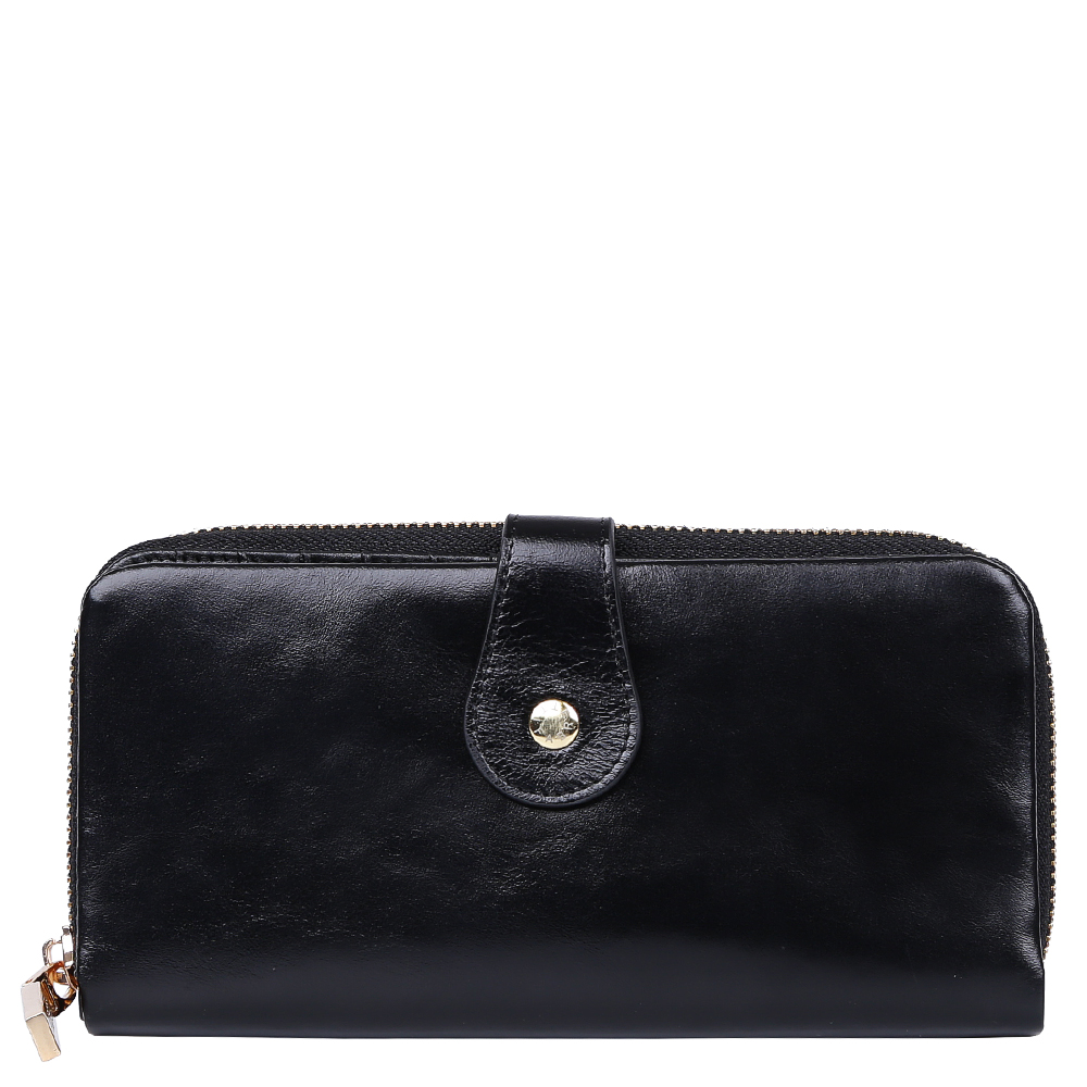 Кошелек женский Fabretti, цвет: черный. 73027-black73027-black Кошелек женский Fabretti, цвет: черный. 73027-black73027-blackЭлегантный кошелек от итальянского бренда Fabretti выполнен из натуральной кожи с невероятно мягкой и приятной фактурой. Насыщенный черный цвет и фурнитура, выполненная под золото, превращают кошелек в роскошный аксессуар, который понравится любительницам изящных и утонченных стилей. Внутри модели находятся 2 отделения для купюр, которые закрывается на молнию. Вы сможете разместить свои кредитные и дисконтные карточки с помощью 12 карманов. Кошелек закрывается на прочную и стильную заклепку.