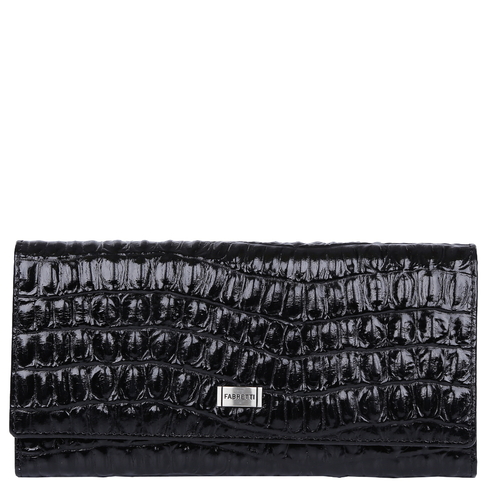 Кошелек женский Fabretti, цвет: черный. 72062/1-black-cocco72062/1-black-cocco Кошелек женский Fabretti, цвет: черный. 72062/1-black-cocco72062/1-black-coccoКлассический женский кошелек от итальянского бренда Fabretti выполнен из натуральной кожи с тиснением под рептилию. Насыщенный черный оттенок и фурнитура в серебряном цвете превращают аксессуар в настоящий шедевр, который придется по вкусу любительницам лаконичных и элегантных стилей. Внутри находятся три отделения для купюр, дополнительный карман и 6 держателей для кредитных и дисконтных карт. Изделие закрывается клапаном на кнопке. Дизайнеры позаботились об удобстве аксессуара и разместили внутри отделение для мелочи, которое закрывается на прочный рамочный замок.