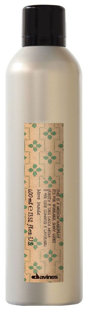 Davines Лак средней фиксации More Inside Medium Hairspray, 400 мл87001/87049 Davines Лак средней фиксации More Inside Medium Hairspray, 400 мл87001/87049Davines More Inside MediumHairspray Лак средней фиксации предназначен для создания упругой и надёжной причёски. Преимуществом этого лака для волос является то, что он совершенно незаметен на волосах, но прекрасно держит нужную форму и объём. Эластичная основа, которая появляется и высыхает мгновенно после распыления лака, прекрасно увлажняет волосы и придаёт им натурального внешнего вида. Активные компоненты, входящие в состав лака, придают волосам ощущение лёгкости. Трёхмерные смолы и молекулы способствуют тому, чтобы волосы не склеивались и хорошо держали объём и форму. Хорошая фиксация без жирного блеска это основные факторы качества от производителя. Лаки от этой компании отличаются особой функцией натуральности и свежести образа. Доступное создание причёски в домашних условиях теперь реально. Регулярное использование средства не только не ухудшит волосы, а ещё и укрепит и восстановит их.