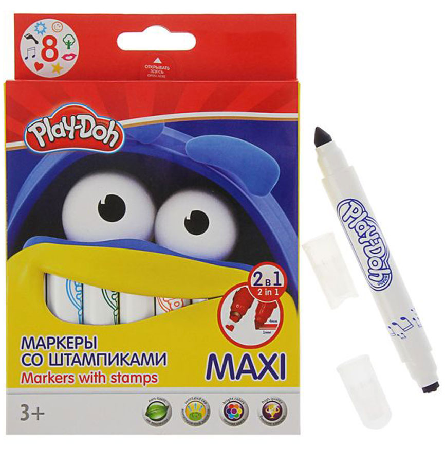 Play-Doh Набор маркеров со штампиками Maxi 8 цветовPDCP-US1-11MB-8 Play-Doh Набор маркеров со штампиками Maxi 8 цветовPDCP-US1-11MB-8Набор оригинальных маркеров со штампиками Play-Doh Maxi - настоящее сокровище для юного декоратора. Эти фломастеры имеют два наконечника - один обычный со стержнем для рисования, а второй в виде небольшого штампика. Корпус фломастеров изготовлен из высококачественного нетоксичного пластика, а вентилируемый колпачок увеличивает срок службы чернил и предотвращает их преждевременное высыхание. Набор включает в себя 8 маркеров ярких насыщенных цветов. Набор, предназначенный специально для рисования и закрашивания, обязательно порадует юных художников и поможет им создать яркие и неповторимые картинки.