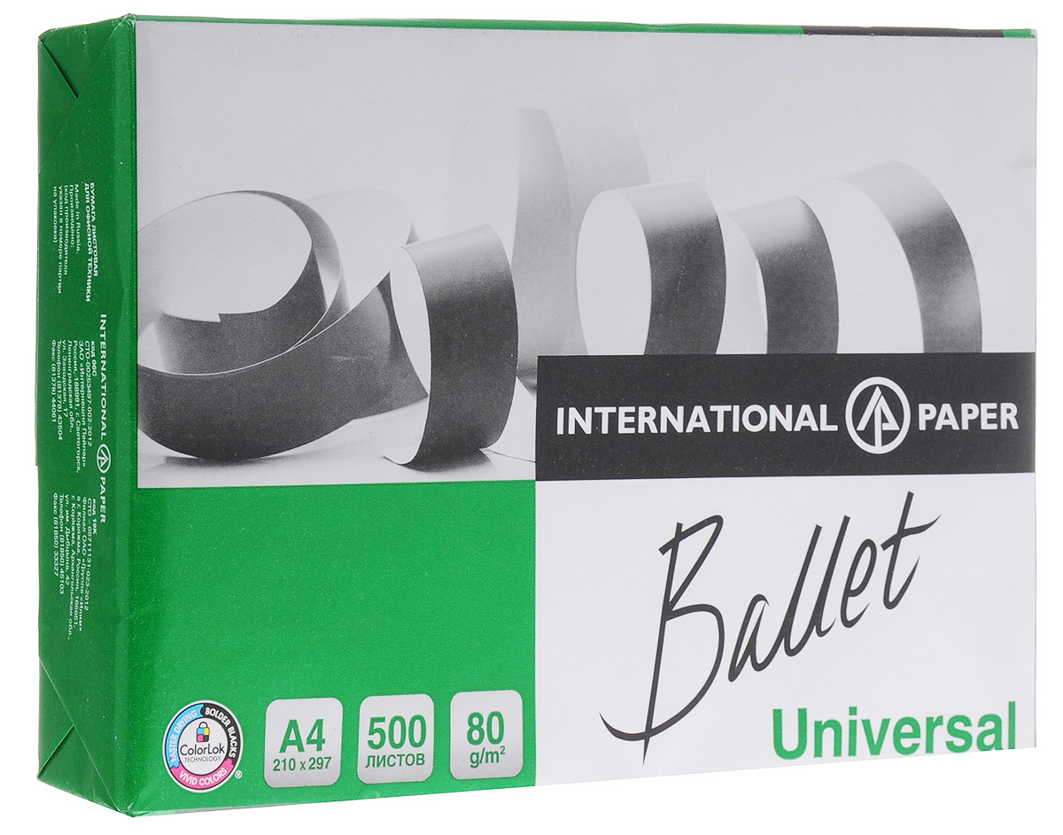 Ballet Бумага офисная Universal 500 листов А4FВТ-BAL.UNIV Ballet Бумага офисная Universal 500 листов А4FВТ-BAL.UNIVМногофункциональная офисная бумага Ballet Universal идеально подходит для печати графиков, иллюстраций, коммерческих предложений, важных отчетов и других типов документов. Высокая гладкость и непрозрачность бумаги гарантируют высокое качество печати на струйных и лазерных принтерах, а высокая степень белизны обеспечивает оптимальное воспроизведение изображений. Подходит для двухсторонней печати и может использоваться на разных типах офисного оборудования. Бумага Ballet Universal производится из древесины восстанавливаемых лесов с использованием отбелки без элементарного хлора. Бумага предает вашим распечаткам следующие свойства: Насыщенность черного цвета увеличивается на 16%, что делает изображение сверхчетким; Яркость цветов увеличивается на 25%, что делает изображение более интенсивным и естественным; Чернила высыхают в 2,5 раза быстрее, предотвращая размазывание.