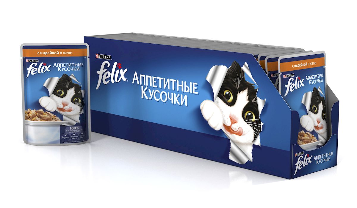 Консервы для кошек Felix Аппетитные кусочки, с индейкой в желе, 85 г, 24 шт33114_24 Консервы для кошек Felix Аппетитные кусочки, с индейкой в желе, 85 г, 24 шт33114_24Консервы для кошек Felix Аппетитные кусочки - это полнорационный корм для кошек. У него такой аппетитный вид и аромат, словно его приготовили вы сами. Felix Аппетитные кусочки создан по специально разработанной рецептуре: это нежнейшие кусочки с мясом, покрытые сочным желе. Ваш кот будет готов есть такую вкуснятину хоть каждый день - на завтрак, обед и ужин. Рекомендации по кормлению: Для взрослой кошки среднего веса (4 кг) требуется примерно 3 пакетика в день. Кормление желательно разделить на два приема. Для беременных или кормящих кошек кормление без ограничений. Подавать корм при комнатной температуре. Следите, чтобы у вашей кошки всегда была чистая, свежая питьевая вода. Условия хранения: Закрытую упаковку хранить при температуре от +4°C до +35°C и относительной влажности воздуха не более 75%. После открытия продукт хранить в холодильнике максимум 24 часа. Состав: мясо и субпродукты 19% (индейка мин. 4%), экстракт растительного...