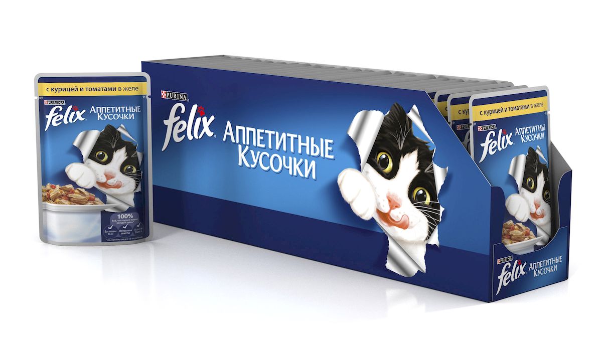 Консервы для кошек Felix Аппетитные кусочки, с курицей и томатами в желе, 85 г, 24 шт33116_24 Консервы для кошек Felix Аппетитные кусочки, с курицей и томатами в желе, 85 г, 24 шт33116_24Консервы для кошек Felix Аппетитные кусочки - это полнорационный корм для кошек. У него такой аппетитный вид и аромат, словно его приготовили вы сами. Felix Аппетитные кусочки создан по специально разработанной рецептуре: это нежнейшие кусочки с мясом, покрытые сочным желе. Ваш кот будет готов есть такую вкуснятину хоть каждый день - на завтрак, обед и ужин. Рекомендации по кормлению: Для взрослой кошки среднего веса (4 кг) требуется примерно 3 пакетика в день. Кормление желательно разделить на два приема. Для беременных или кормящих кошек кормление без ограничений. Подавать корм при комнатной температуре. Следите, чтобы у вашей кошки всегда была чистая, свежая питьевая вода. Условия хранения: Закрытую упаковку хранить при температуре от +4°C до +35°C и относительной влажности воздуха не более 75%. После открытия продукт хранить в холодильнике максимум 24 часа. Состав: мясо и субпродукты 19% (курица мин. 4%), экстракт...