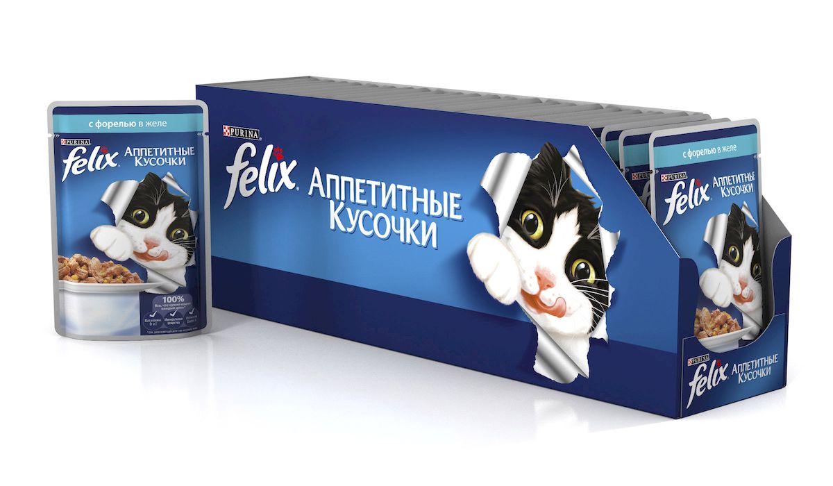 Консервы для кошек Felix Аппетитные кусочки, с форелью в желе, 85 г, 24 шт53951_24 Консервы для кошек Felix Аппетитные кусочки, с форелью в желе, 85 г, 24 шт53951_24Консервы для кошек Felix Аппетитные кусочки - это полнорационный корм для кошек. У него такой аппетитный вид и аромат, словно его приготовили вы сами. Felix Аппетитные кусочки создан по специально разработанной рецептуре: это нежнейшие кусочки с рыбой, покрытые сочным желе. Ваш кот будет готов есть такую вкуснятину хоть каждый день - на завтрак, обед и ужин. Рекомендации по кормлению: Для взрослой кошки среднего веса (4 кг) требуется примерно 3 пакетика в день. Кормление желательно разделить на два приема. Для беременных или кормящих кошек кормление без ограничений. Подавать корм при комнатной температуре. Следите, чтобы у вашей кошки всегда была чистая, свежая питьевая вода. Условия хранения: Закрытую упаковку хранить при температуре от +4°C до +35°C и относительной влажности воздуха не более 75%. После открытия продукт хранить в холодильнике максимум 24 часа. Состав: мясо и продукты его переработки 17%, экстракт...