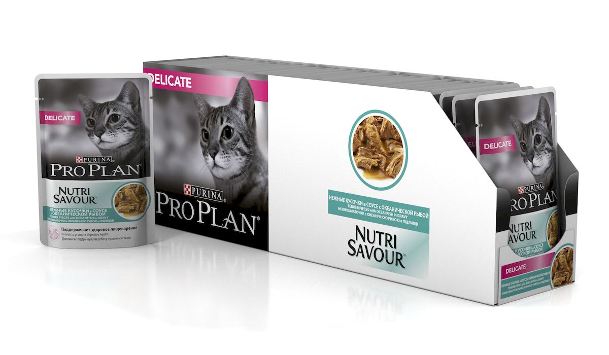 Консервы Pro Plan Nutri Savour для кошек с чувствительным пищеварением, с океанической рыбой, 85 г, 24 шт57486_24 Консервы Pro Plan Nutri Savour для кошек с чувствительным пищеварением, с океанической рыбой, 85 г, 24 шт57486_24Консервы Pro Plan Nutri Savour помогают уменьшить кожные реакции, связанные с пищевой непереносимостью. Нежные кусочки в пикантном соусе очень привлекательны для кошек благодаря запатентованной технологии. Доказано: способствует улучшению пищеварения благодаря содержанию инулина, пребиотика, который помогает сбалансировать кишечную флору кошек с повышенной чувствительностью. Состав: мясо и продукты переработки мяса, экстракты растительных белков, рыба и продукты переработки рыбы (в том числе океаническая рыба 4%), растительные и животные жиры, продукты переработки растительного сырья, красители, сахара, витамины. Добавленные вещества (МЕ/кг): витамин А 1058, витамин D3 148, витамин Е 320, мг/кг: таурин 456, железо 10,1, йод 0,38, медь 0,96, марганец 1,76, цинк 27,35, селен 0,022. Гарантируемые показатели: влажность 78%, белок 12,6%, жир 3,8%, сырая зола 2,3%, сырая клетчатка 0,3%, омега-3 жирные кислоты 0,1%, омега-6 жирные кислоты 1,1%. Товар...