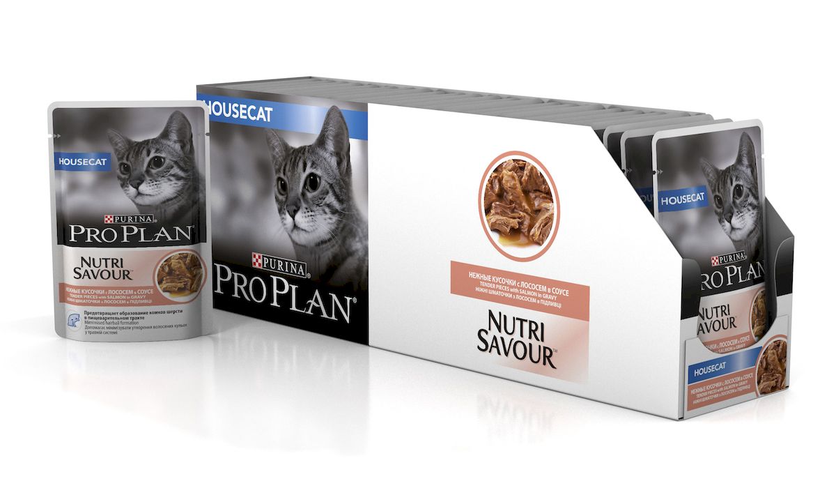 Консервы Pro Plan Nutri Savour для домашних кошек, с лососем, 85 г, 24 шт57489_24 Консервы Pro Plan Nutri Savour для домашних кошек, с лососем, 85 г, 24 шт57489_24Корм полнорационный консервированный Pro Plan Nutri Savour для взрослых кошек, с индейкой в соусе. Высокое содержание белка способствует поддержанию идеальной массы тела. Снижение образования комков шерсти в желудке благодаря высокому содержанию клетчатки. Содержание пребиотиков способствует здоровому пищеварению и уменьшению запаха из лотка. Нежные кусочки в пикантном соусе очень привлекательны для кошек благодаря запатентованной технологии производства департамента Purina компании Nestle. Состав: мясо и продукты переработки мяса, экстракты растительных белков, рыба и продукты переработки рыбы (в том числе лосось), растительные и животные жиры, минеральные вещества, красители, антиоксиданты, сахара, продукты переработки растительного сырья, витамины. Добавленные вещества: МЕ/кг: витамин А 1036, витамин D3 145, витамин Е 267, мг/кг: таурин 447, железо 9,89, йод 0,37, медь 0,94, марганец 1,73, цинк 26,77, селен 0,022. Гарантируемые показатели: влажность 79%, белок...