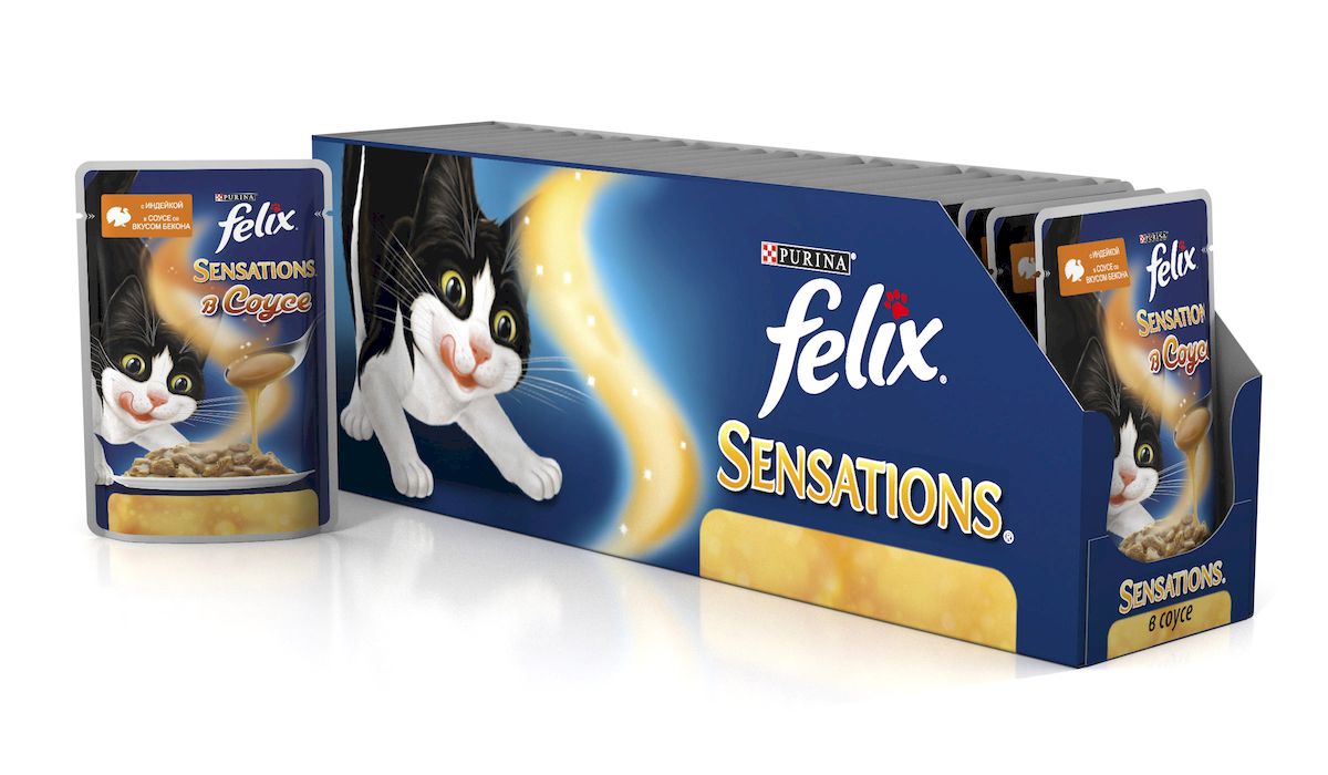 Консервы для кошек Felix Sensations, с индейкой в соусе со вкусом бекона, 85 г, 24 шт58555_24 Консервы для кошек Felix Sensations, с индейкой в соусе со вкусом бекона, 85 г, 24 шт58555_24Консервы для кошек Felix Sensations - консервированный полнорационный корм для взрослых кошек, с индейкой в соусе со вкусом бекона. Корм Felix Sensations - это необыкновенно вкусный корм для кошек с нежными мясными кусочками в соусах с разными вкусами для неожиданных вкусовых ощущений. Вам питомец не сможет устоять перед аппетитным внешним видом, ароматом и вкусом этого потрясающего корма. Корм содержит Омега-6 жирные кислоты, а также правильное сочетание белка и витаминов для полного удовлетворения ежедневных потребностей вашей кошки. Состав: мясо и продукты переработки мяса (из которых индейка 4%), экстракт растительного белка, рыба и продукты переработки рыбы, минеральные вещества, сахара, красители, витамины. Добавленные вещества (на 1 кг): витамин А 780 МЕ; витамин D3 120 МЕ; витамин Е 17 МЕ; железо 9 мг; йод 0,22 мг; медь 0,7 мг; марганец 1,7 мг; цинк 16 мг; таурин 490 мг; ароматизатор бекона 30 мг. Гарантируемые показатели: влажность 79%, белок...
