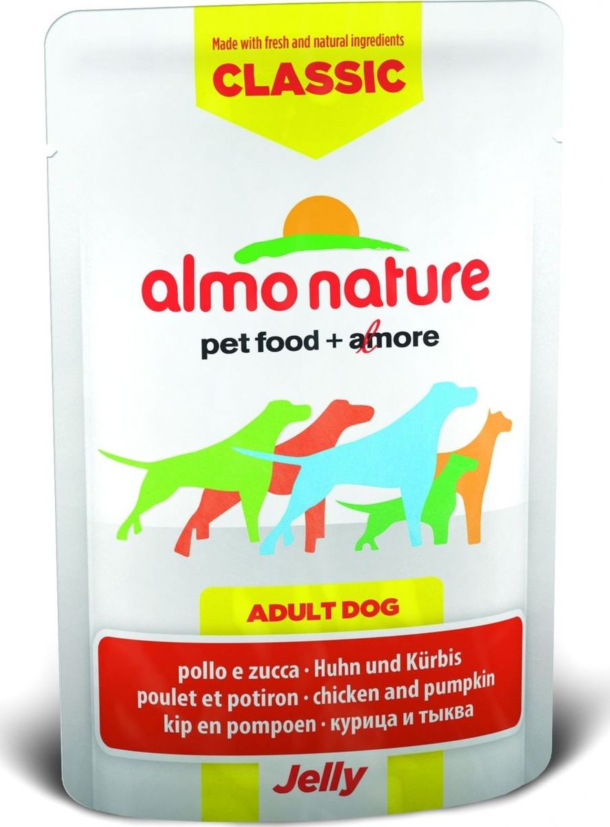 Консервы для собак Almo Nature Classic, курица и тыква в желе, 70 г10700 Консервы для собак Almo Nature Classic, курица и тыква в желе, 70 г10700Консервы Almo Nature Classic - восхитительно вкусный функциональный влажный корм для собак, содержащий желатин, который является натуральным средством для вывода шерсти из организма животного, помогающий защитить пищеварительный тракт от раздражения, а также он придает корму восхитительно нежную структуру. Консервы приготовлены из самых свежих отборных ингредиентов уровня Human Grade (качество как для людей), являющихся натуральным естественным источником витаминов и микроэлементов. Состав: курица 55%, куриный бульон, тыква 5%, рис 0,2%. Пищевая ценность: белки 16%, клетчатка 0.1%, масла и жиры 0.5%, зола 1%, влажность 81%. Калорийность: 667 ккал/кг. Товар сертифицирован.
