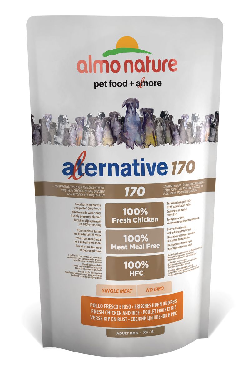 Корм сухой Almo Nature Alternative. 170 для собак карликовых и мелких пород, с цыпленком и рисом, 750 г10753 Корм сухой Almo Nature Alternative. 170 для собак карликовых и мелких пород, с цыпленком и рисом, 750 г10753Полнорационный корм Almo Nature Alternative. 170 рекомендован для собак карликовых и мелких пород. Монобелковый корм не содержит мясной муки и дегидрированного мяса. Рекомендован к употреблению собакам с чувствительным пищеварением. Не содержит глютена, ГМО, химических консервантов, красителей и усилителей вкуса. Состав: свежее мясо курицы - 75%, рис - 17%, свекольный жом, люцерна, минералы, витамины, дрожжи, маннанолигосахариды (MOS), фруктоолигосахариды (FOS). Витамины и микроэлементы: витамин A - 15000 IU/кг, витамин D3 - 1500 IU/кг, витамин E - 300 IU/кг, железо - 83 мг/кг, йодин - 1,57 мг/кг, медь - 28 мг/кг, марганец - 31 мг/кг, цинк - 208 мг/кг, селен - 87,5 мг/кг, L-карнитин - 100 мг/кг, DL-метионин - 220 мг/кг. Пищевая ценность: белки - 27%, клетчатка - 3%, жиры - 16%, зола - 6%, кальций - 0,94%, фосфор - 0,6%, омега 3 - 0,68%, омега 6 - 3,56%, влага - 8,5%. Калорийность: 3690 ккал/кг. Товар сертифицирован.