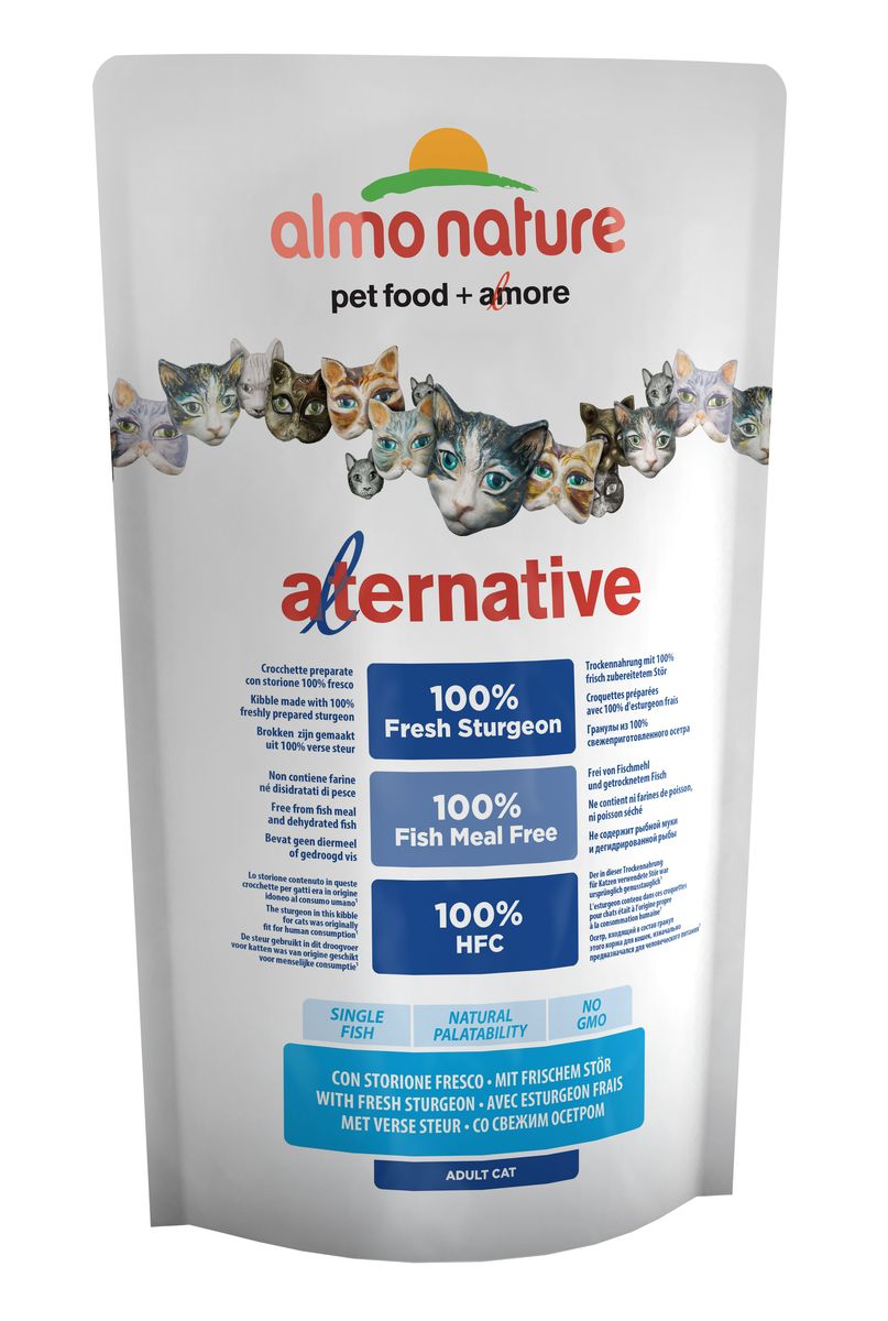 Корм сухой для кошек Almo Nature Alternative, с осетром и рисом, 750 г20633 Корм сухой для кошек Almo Nature Alternative, с осетром и рисом, 750 г20633Полнорационный корм для кошек Almo Nature Alternative изготовлен исключительно из свежего мяса. Монобелковый корм не содержит мясной муки и дегидрированного мяса. Рекомендован к употреблению кошек с чувствительным пищеварением. Не содержит ГМО, химических консервантов, красителей и усилителей вкуса. Состав: свежий осетр - 55%, рис, куриный жир, кукурузный глютен, гидролизованный животный белок, дрожжи, помидоры, яйца, минералы, свекольный жом, мананоолигосахариды - 0,2%, инулин из цикория - источник ФОС - 0,2%. Питательные добавки: витамин A - 24000 IU/kg, витамин D3 - 1700 IU/kg, витамин E - 400 мг/кг, витамин B1 - 10 мг/кг, витамин B2 - 8 мг/кг, кальций D-pпантотенат - 16 мг/кг, витамин B6 - 6 мг/кг, витамин B12 - 0,15 мг/кг,витамин C - 50 мг/кг, холина хлорид - 3080 мг/кг, ниацин - 50 мг/кг,биотин - 0,5мг/кг, таурин - 720 мг/кг, витамин K - 1мг/кг, фолиевая кислота - 1мг/кг, сульфат меди пентагидрат - 32 мг/кг, меди хелат аминокислоты гидрат - 40...