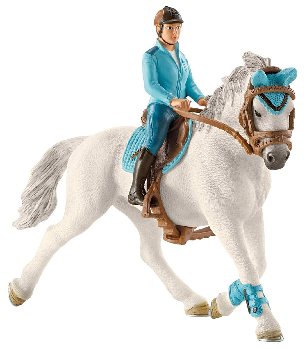 Schleich Набор фигурок Всадница на лошади42111 Schleich Набор фигурок Всадница на лошади42111Мчаться по бескрайним лугам на белоснежной лошади можно с оригинальным набором от немецкой компании Schleich. Каждому заводчику миниатюрных лошадок понравится набор фигурок Всадница на лошади. В наборе представлена лошадь и всадница, которая уверенно сидит в седле, держась за поводья. На всаднице спортивная форма голубого цвета, которая гармонирует с экипировкой лошади. Всадница и аксессуары для верховой езды снимаются, что позволяет использовать игрушки отдельно или комбинировать с другими лошадками Schleich. Все элементы набора выполнены из качественного материала, который безопасен для детей и очень приятен на ощупь. Игрушки Schleich развивают мелкую моторику ребенка, стимулируют творческое восприятие и позволяют создавать разнообразные сюжетно-ролевые игры с реалистичными персонажами.