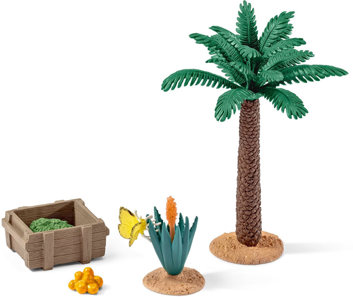 Schleich Игровой набор Растения и корм42277 Schleich Игровой набор Растения и корм42277Игровой набор Schleich Растения и корм поможет сделать игру ребенка еще более увлекательной, а жизнь в его саванне полноценной и удобной. В наборе представлены: пальма, куст с бабочкой, фрукты, ящик с травой. Все игрушки из набора выполнены из качественного материала с мельчайшей прорисовкой деталей. Игровые элементы имеют реалистичный внешний вид, приятны на ощупь и позволяют детям играть с большим удовольствием. В процессе манипуляций с миниатюрными игрушками у ребенка развивается мелкая моторика, стимулируется развитие речи, логическое мышление, ребенок знакомится с окружающим миром.