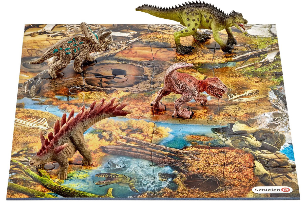 Schleich Набор фигурок Динозавры 4 шт + Пазл Заводь42331 Schleich Набор фигурок Динозавры 4 шт + Пазл Заводь42331Набор фигурок Schleich Динозавры приведет в восторг всех любителей динозавров и доисторических животных. В этом наборе ребенок найдет не только 4 реалистичные фигурки динозавров, но и увлекательный пазл Заводь, который станет для него площадкой для захватывающих игр. Великолепные фигурки динозавров выполнены очень детализировано. Они позволят ребенку придумать множество захватывающих игр со своими любимыми древними обитателями. Фигурки изготовлены из качественного материала, который безопасен для детей и не вызывает аллергию. Набор фигурок станет достойным пополнением красочной коллекции игрушек Schleich, которые восхищают детей и взрослых во всем мире.